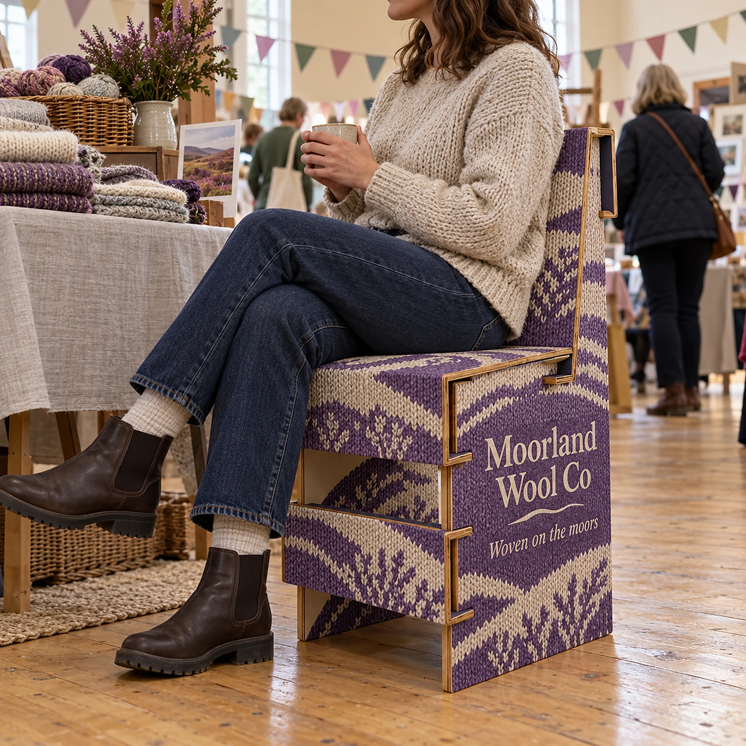 Cardboard Seat with Backrest with an example design, in use at a craft and makers fair in a village hall with wooden floor and bunting