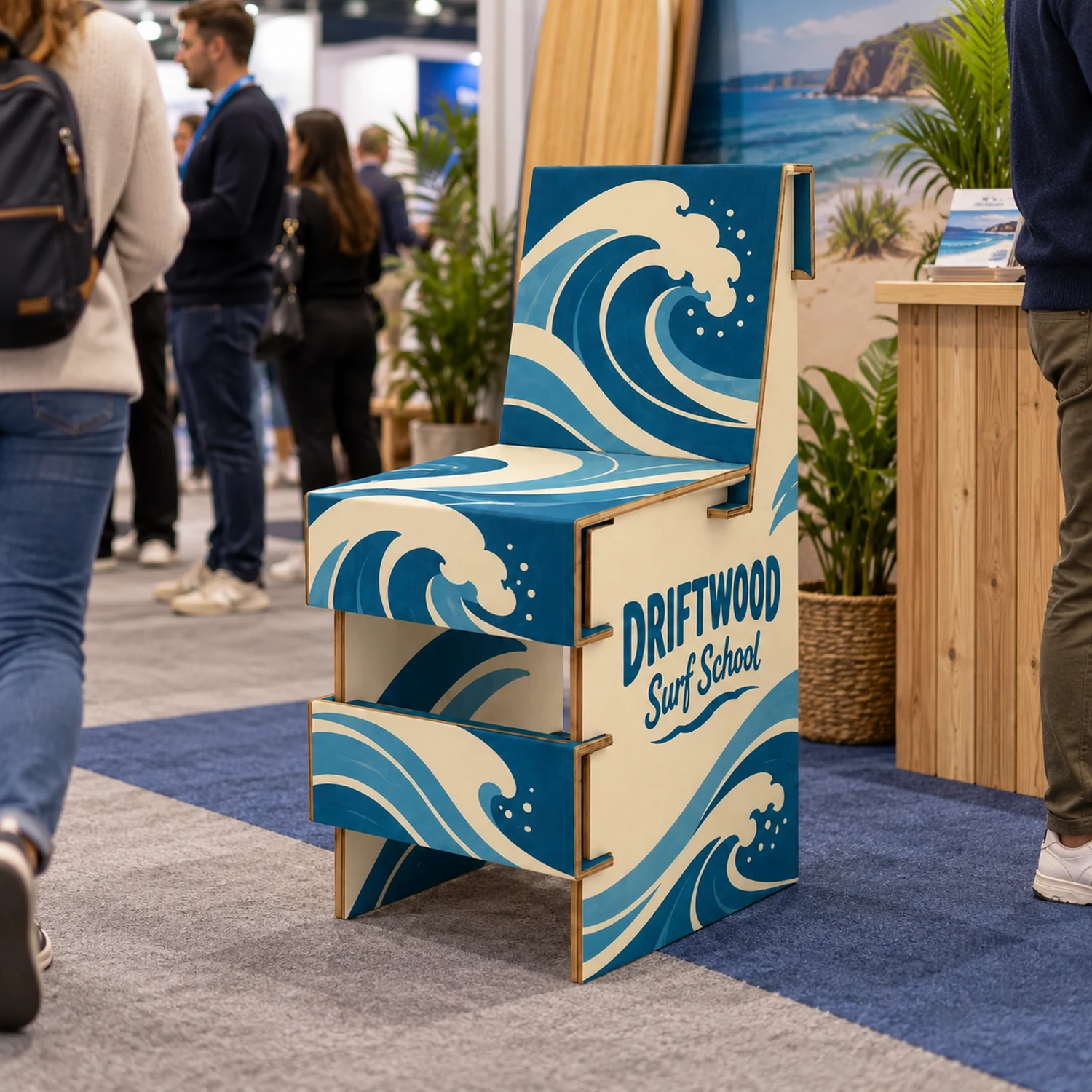 Cardboard Seat with Backrest in use at a trade show, shown with an example design