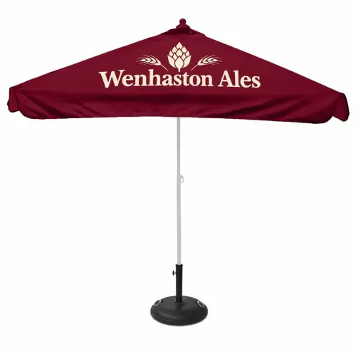 Commercial Premium Parasol - 2.0m Square, shown with example artwork