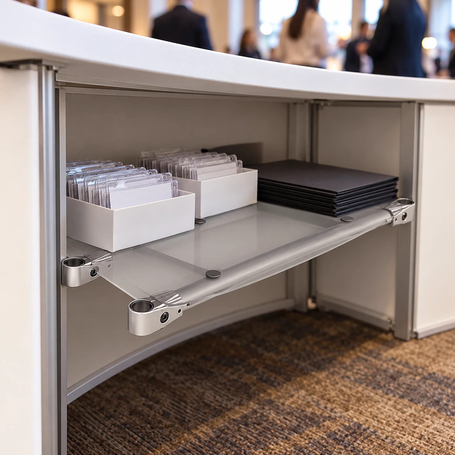 Middle shelf storing supplies inside a concave curved counter at a conference
