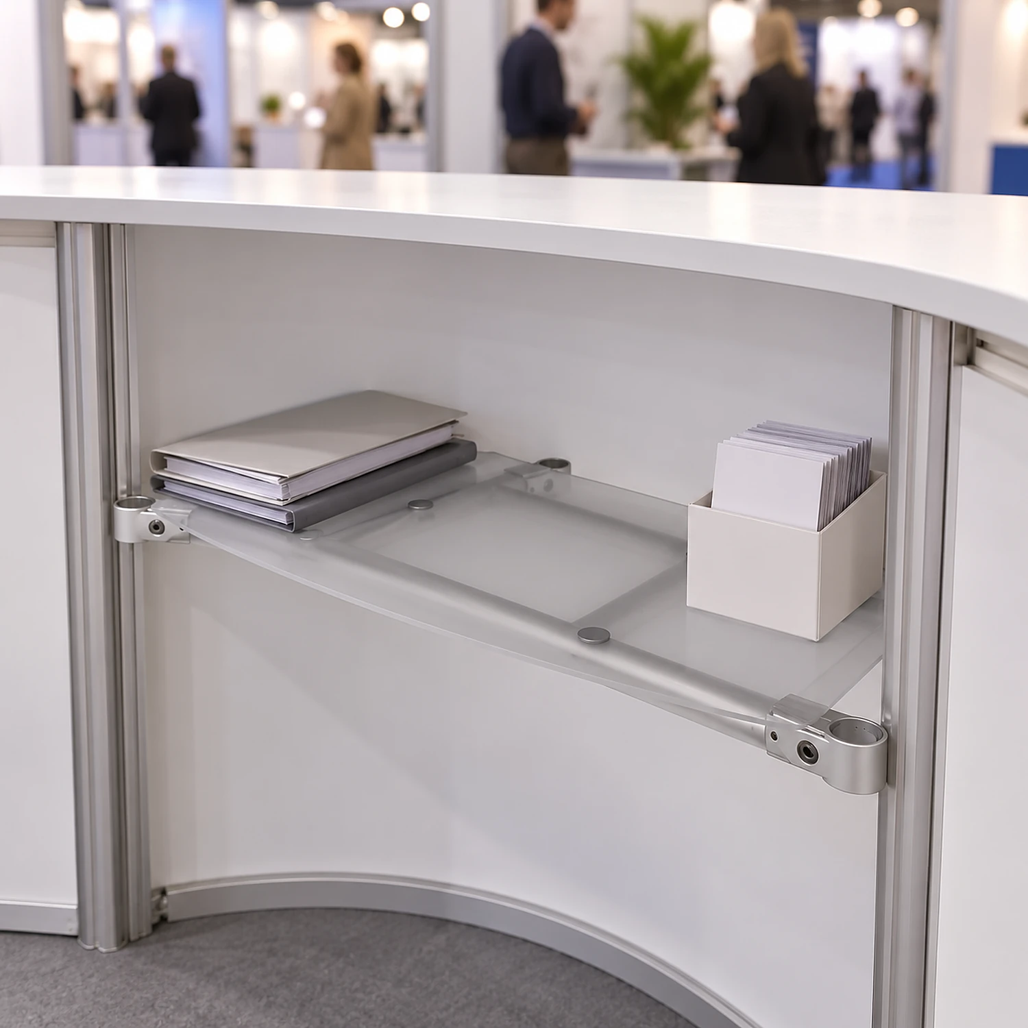 Middle shelf fitted inside a concave curved counter at an exhibition