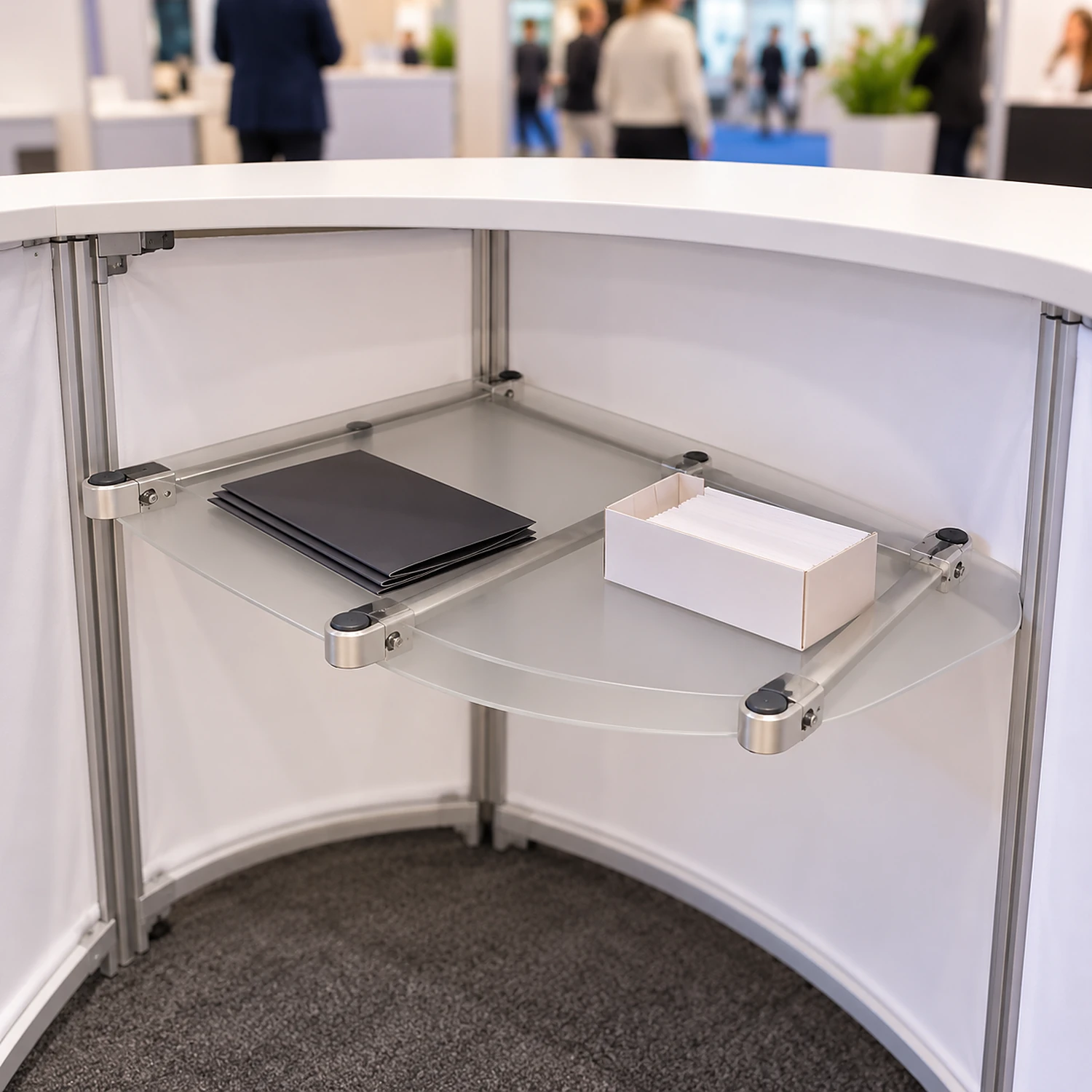 Middle shelf fitted inside a convex curved counter at an exhibition