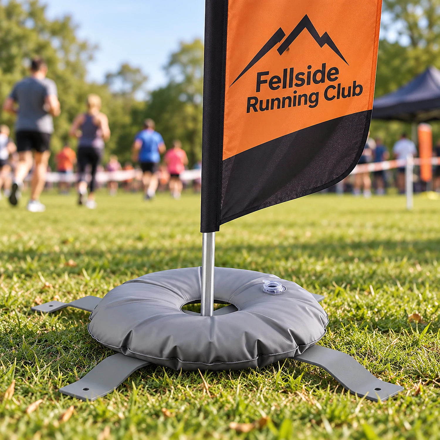 Cross base and water ring holding a flag at a fun run