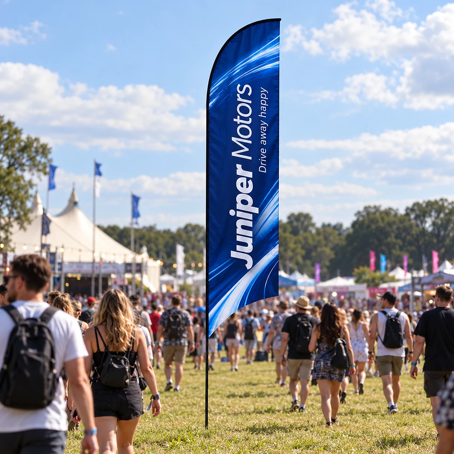 Curve fibreglass flag in use at a summer festival entrance