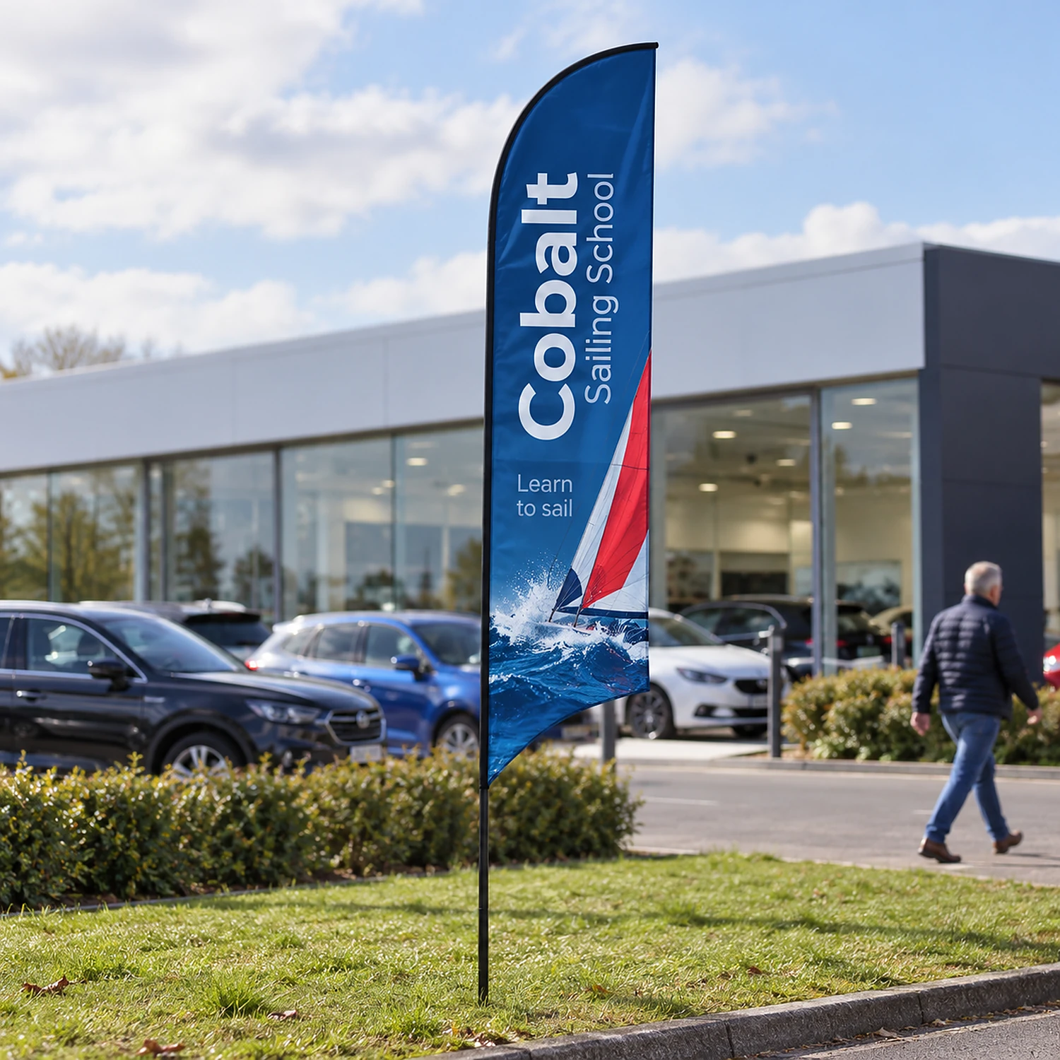 Curve fibreglass flag in use outside a car showroom