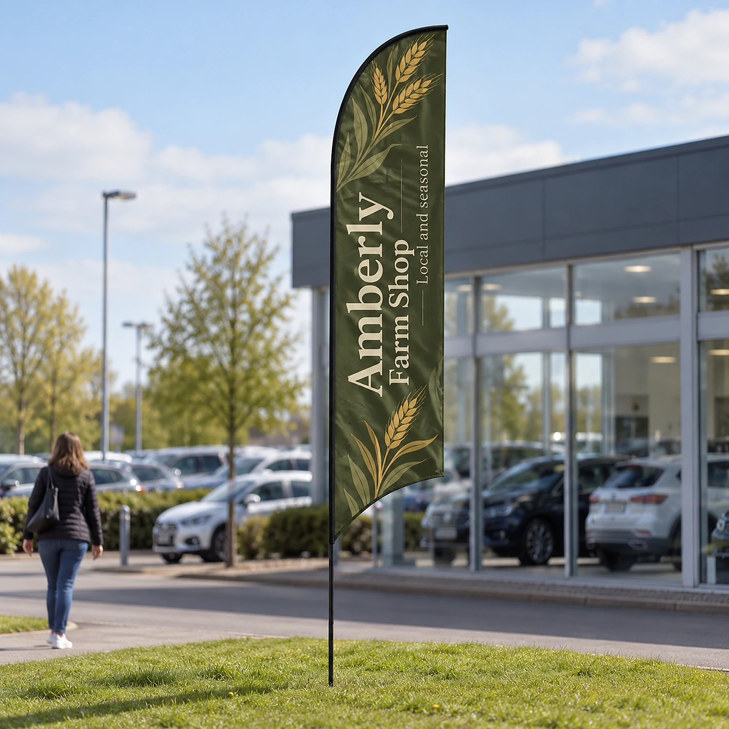 Curve fibreglass flag in use outside a car showroom
