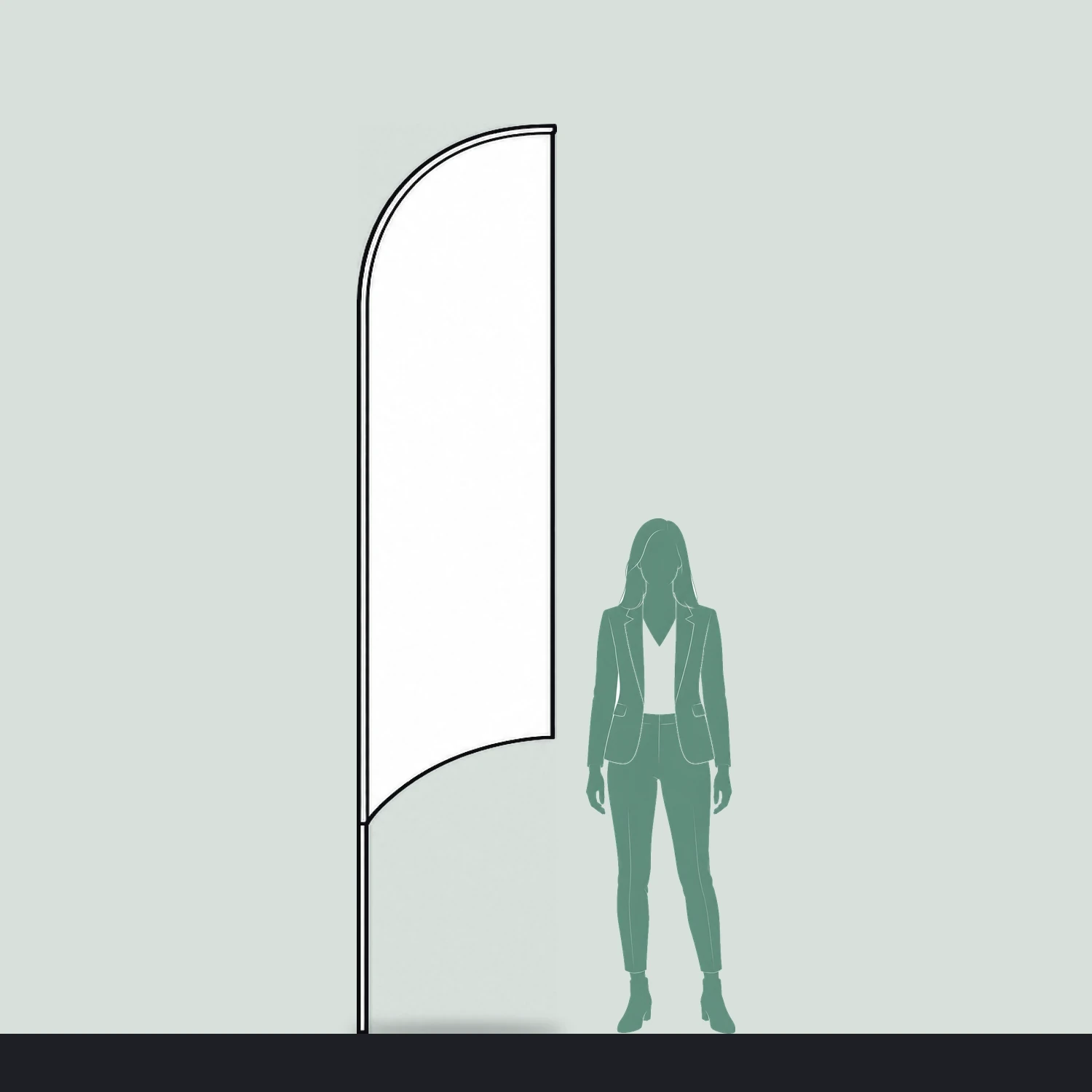 Curve fibreglass flag size guide, 660mm wide x 3000mm high, shown next to a person for scale