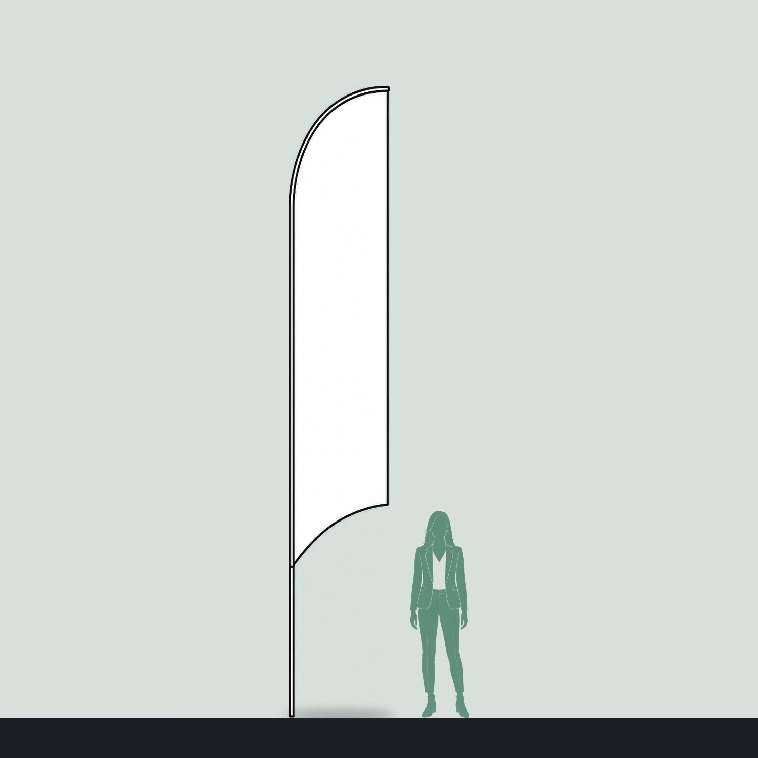 Curve fibreglass flag size guide, 830mm wide x 5200mm high, shown next to a person for scale