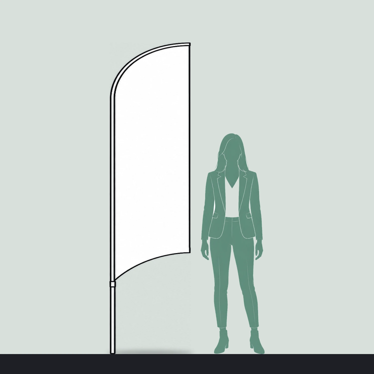 Curve flag size guide, 0.625 m wide by 2.4 m high, shown next to a person
