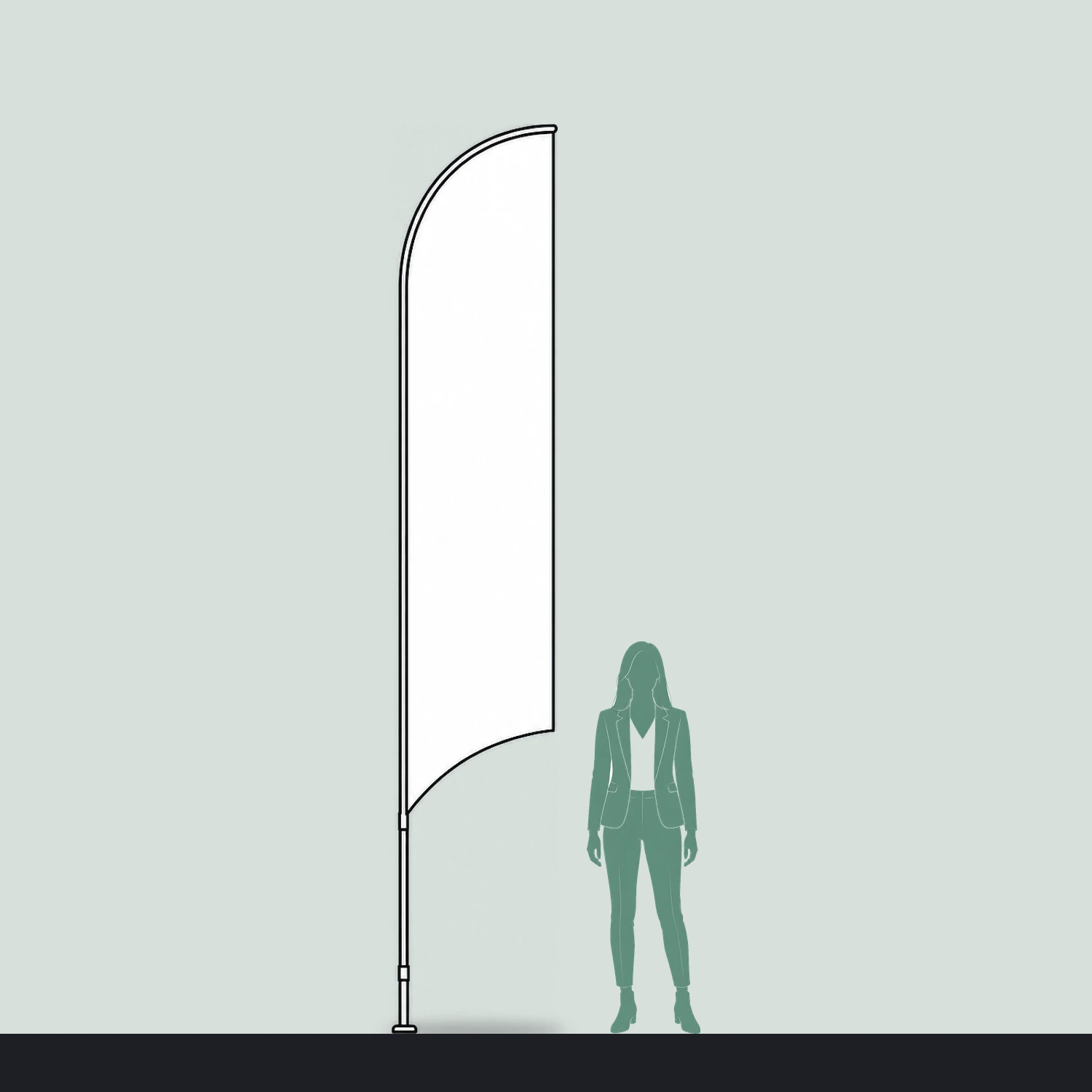 Curve flag size guide, 0.72 m wide by 3.94 m high, shown next to a person