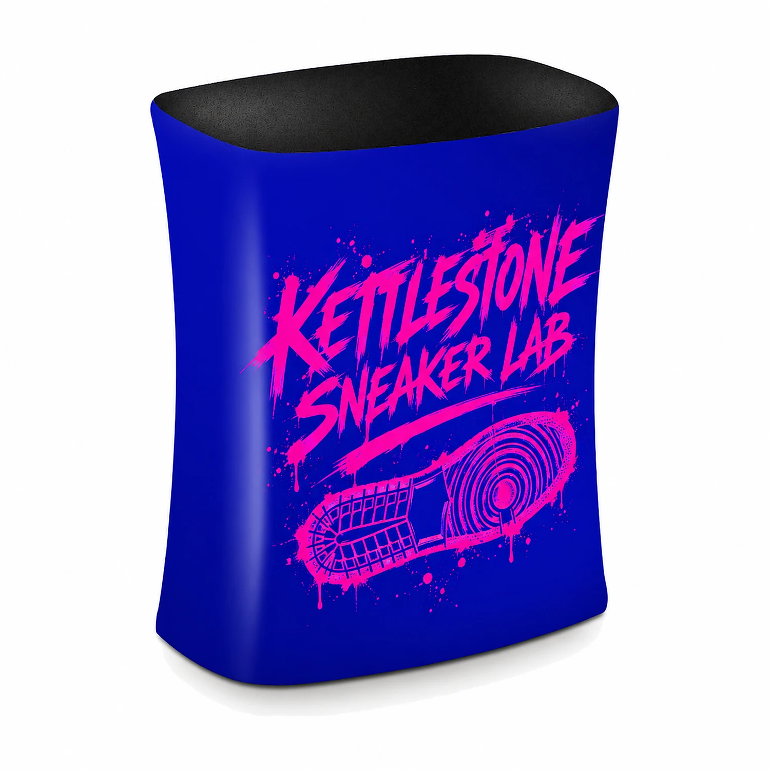 Curved Fabric Display Stand 3m Wide with Square Counter, shown with example artwork