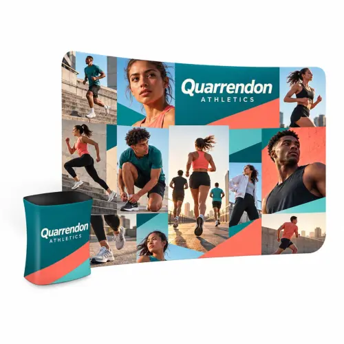 Curved Fabric Display Stand 3m Wide with Square Counter, shown with example artwork
