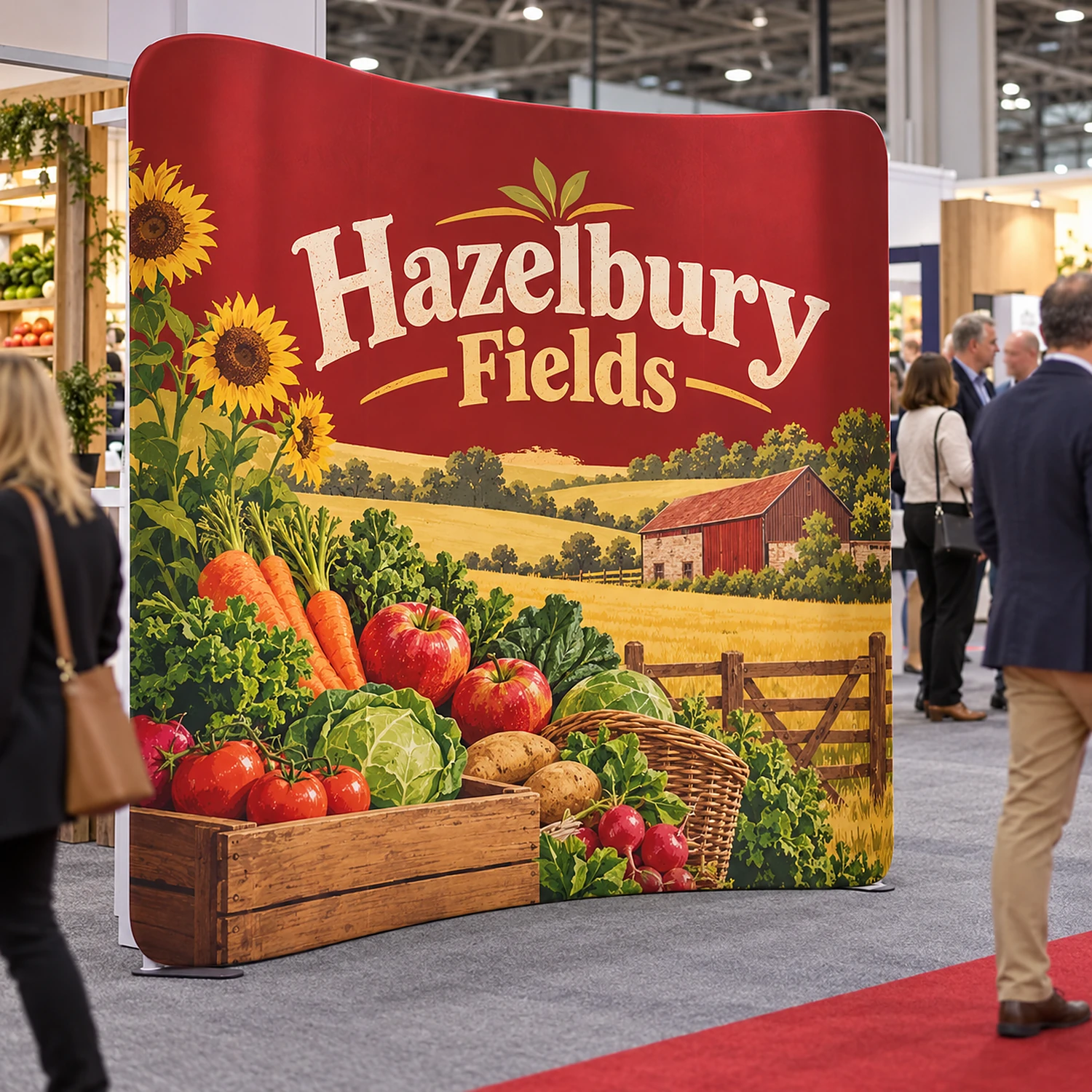 Curved fabric display wall in use at a busy trade show