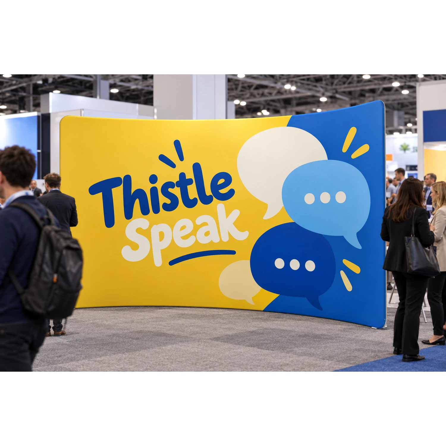 Curved fabric display wall in use at a busy trade show