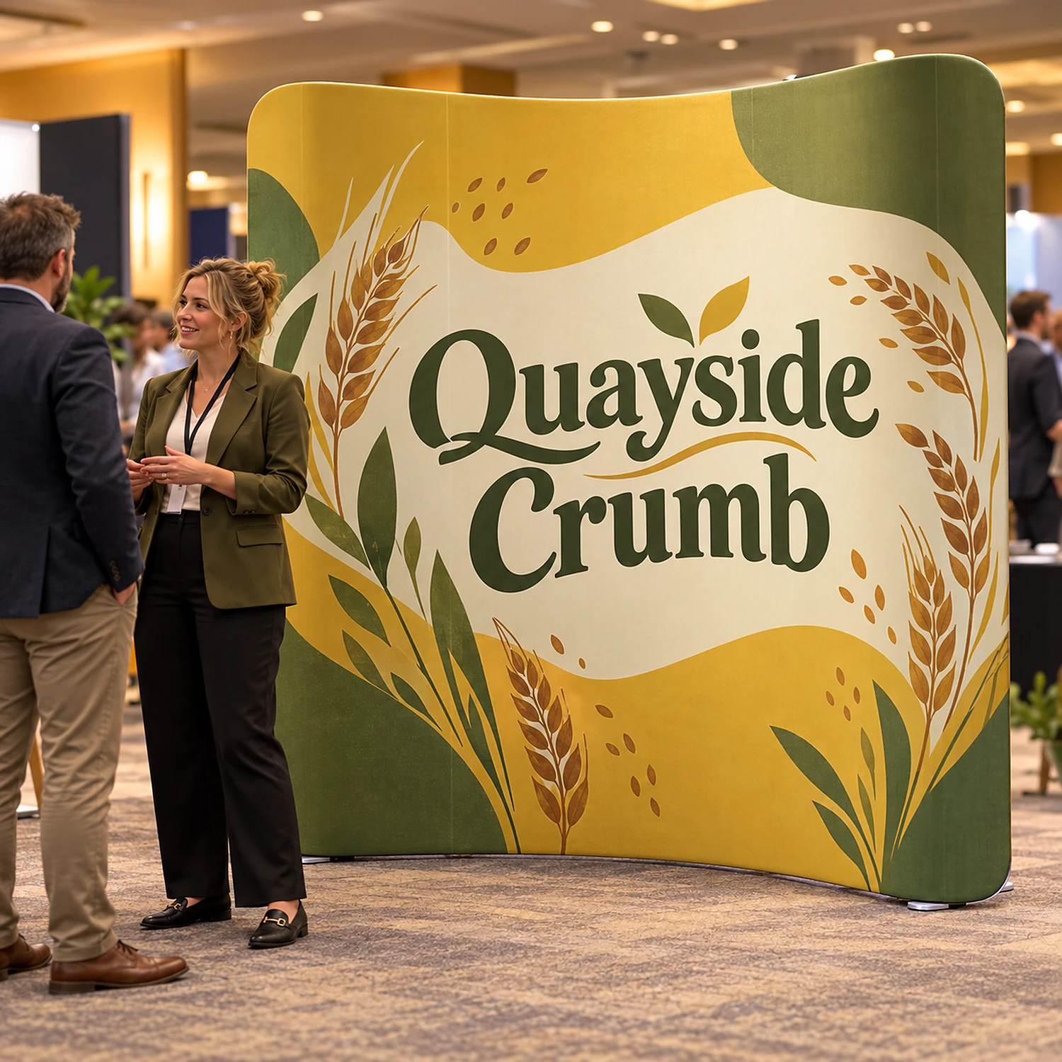 Curved fabric display wall at a business expo with staff talking to a visitor
