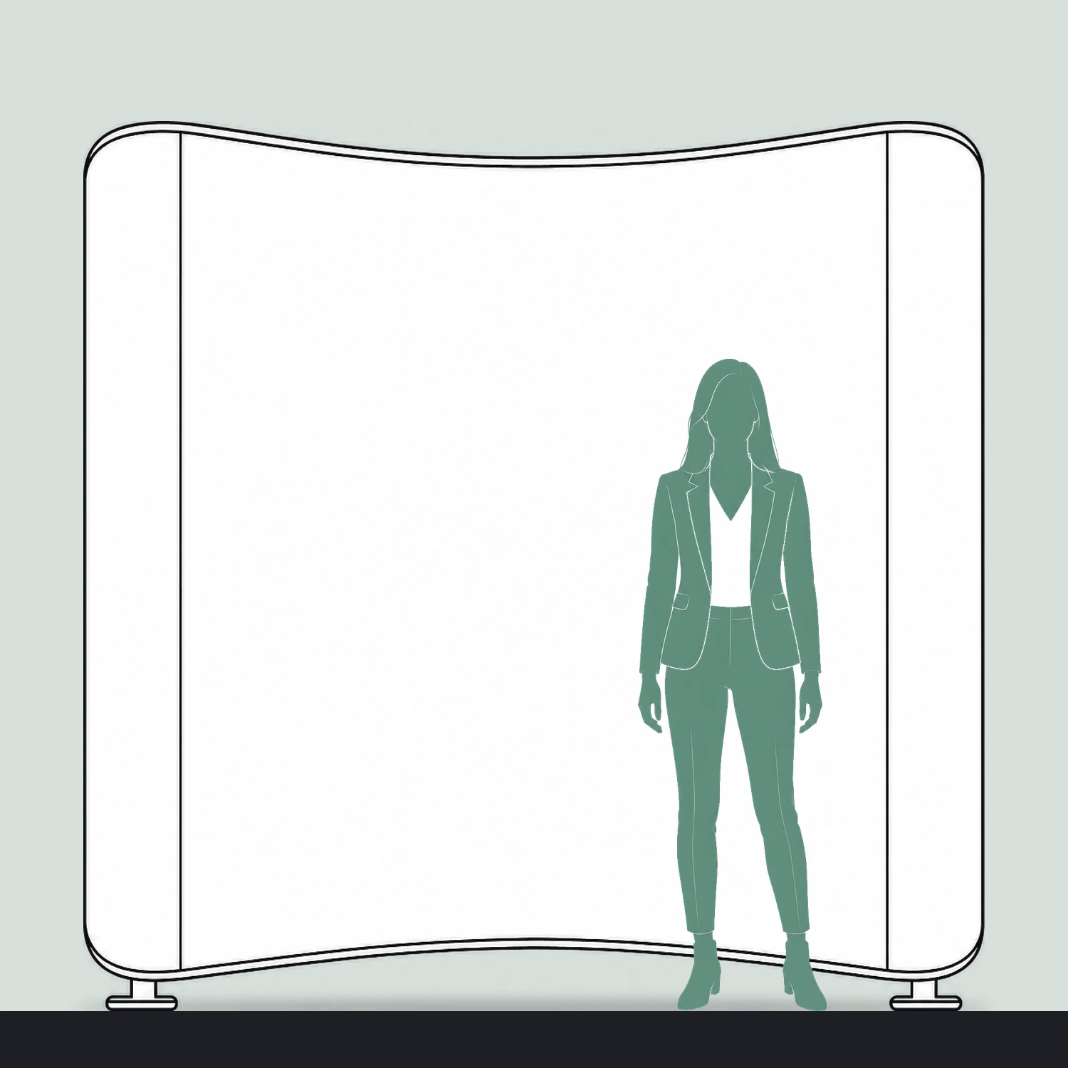 Curved fabric display wall size guide, 2.35 m wide by 2.32 m high, shown next to a person