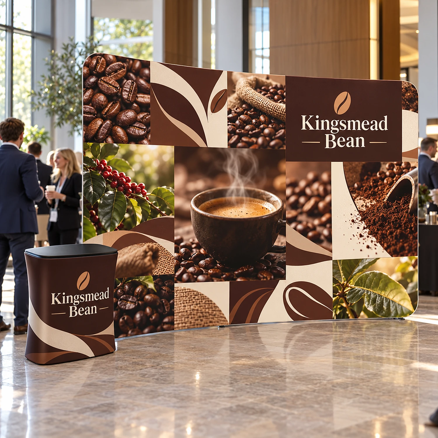 Curved fabric display wall with counter at a corporate event in a hotel foyer