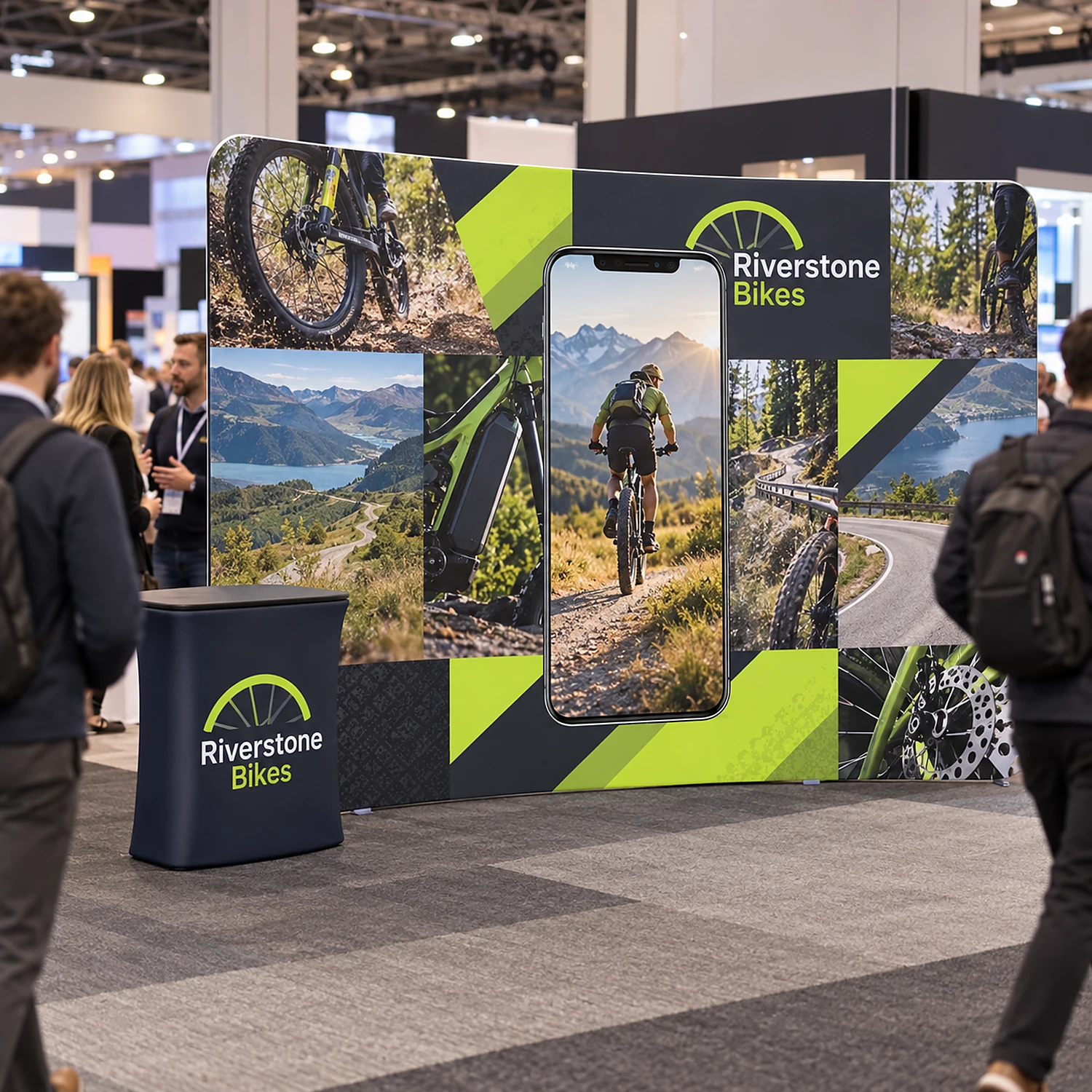 Curved fabric display wall with counter in use at a busy trade show