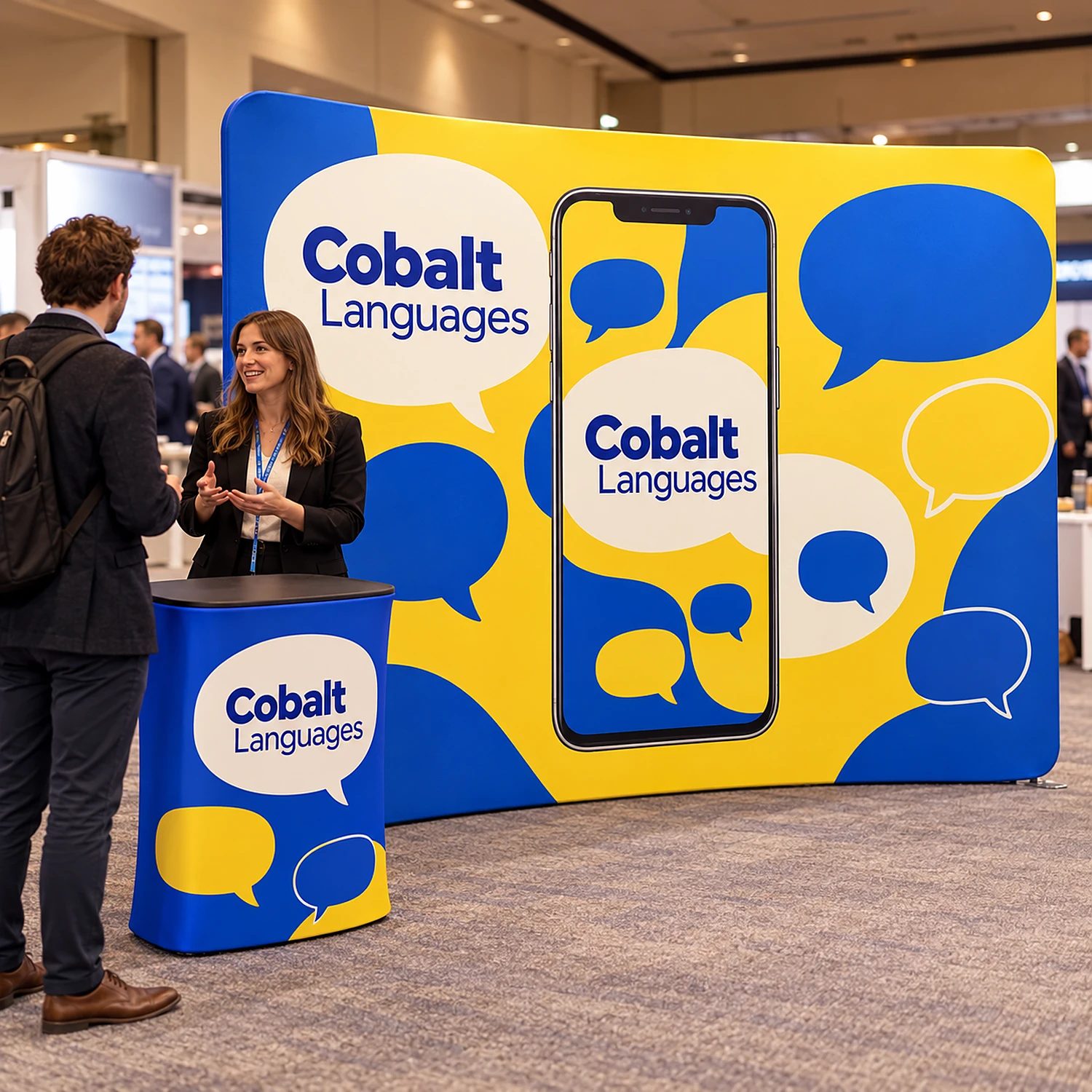 Curved fabric display wall with counter at a business expo with staff talking to a visitor