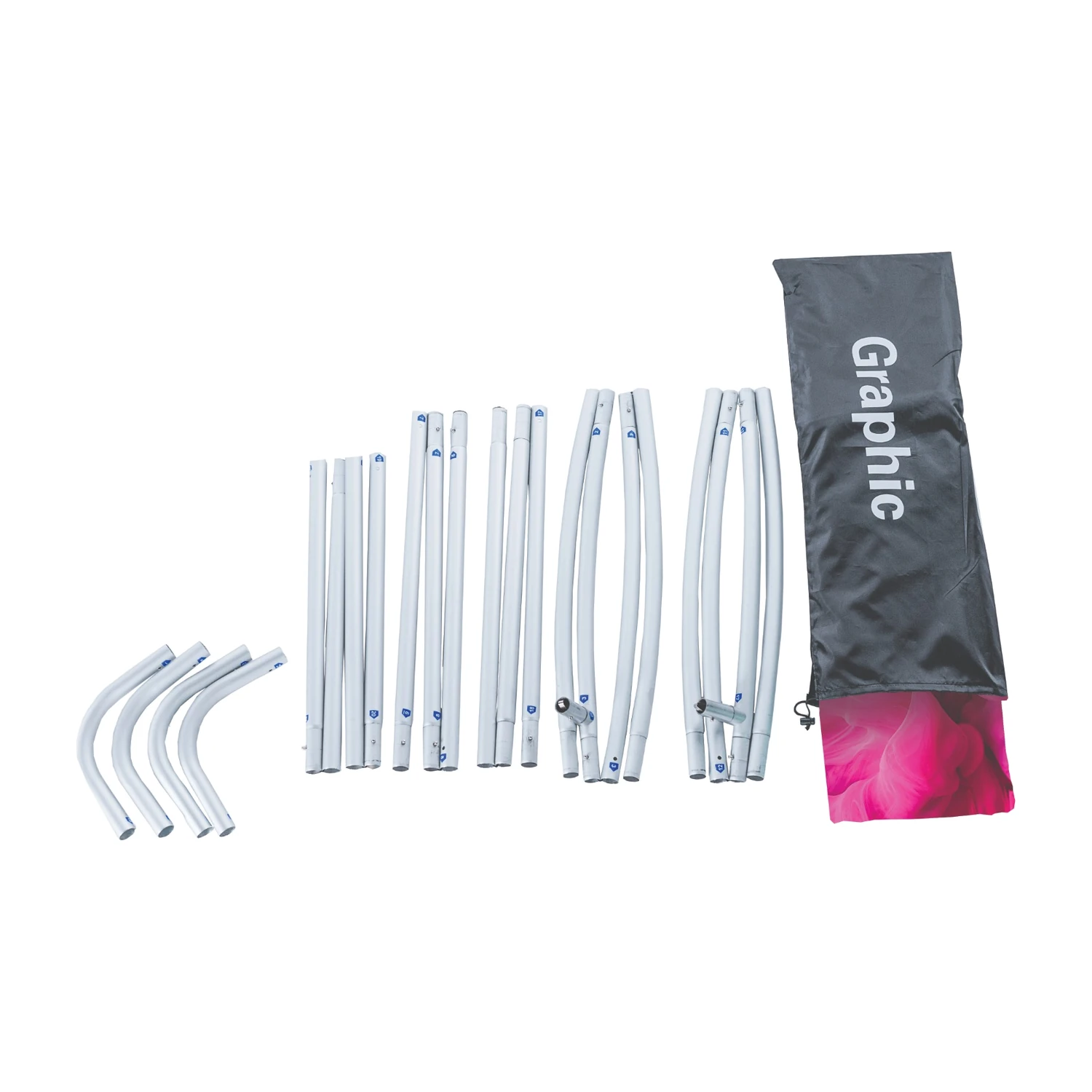 Curved fabric display frame parts and graphic bag