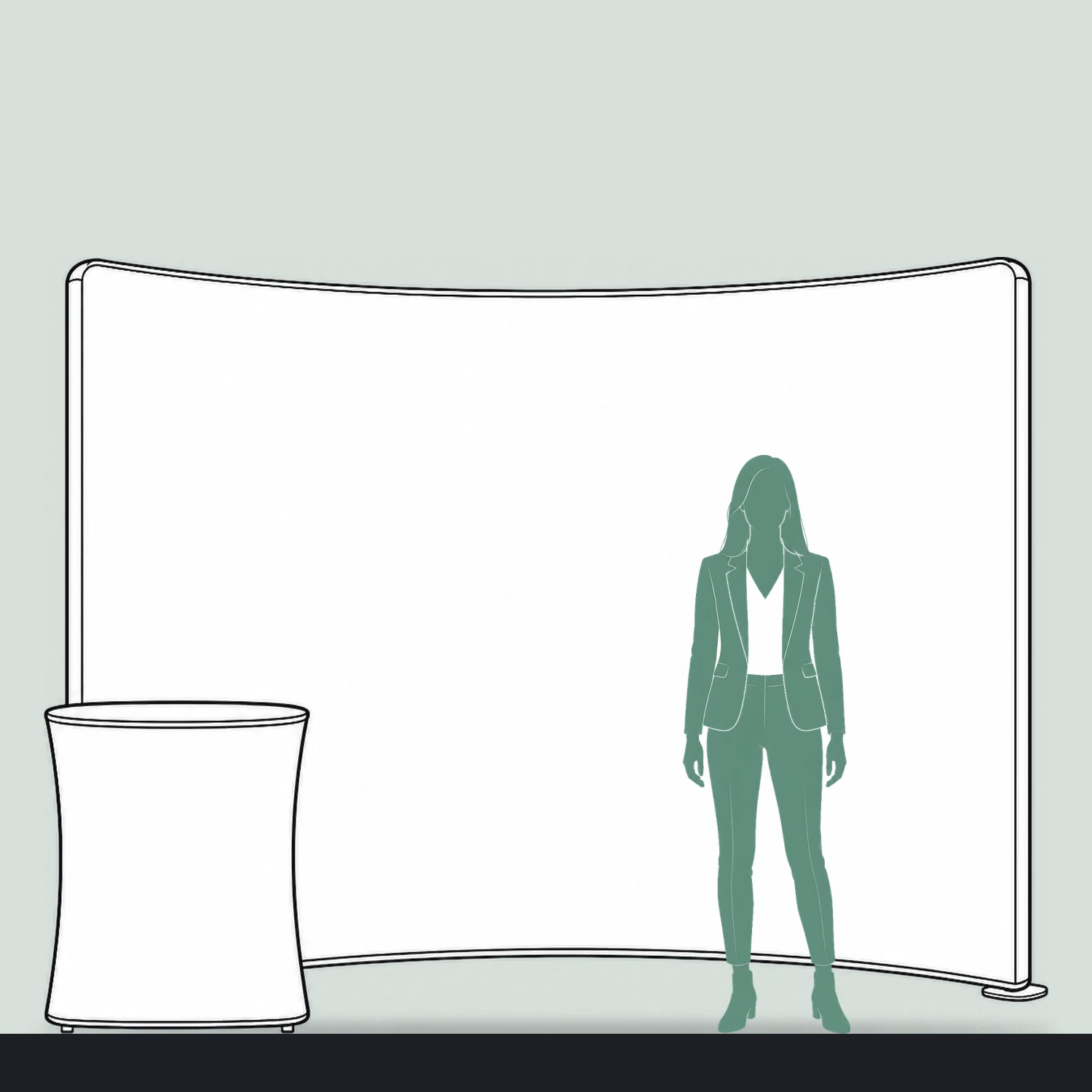 Curved fabric display wall with counter size guide, 2.95 m wide by 2.28 m high, shown next to a person