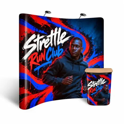 Curved Pop Up Stand 3x5, 3.43m Wide, Case Converts to Counter, shown with example artwork