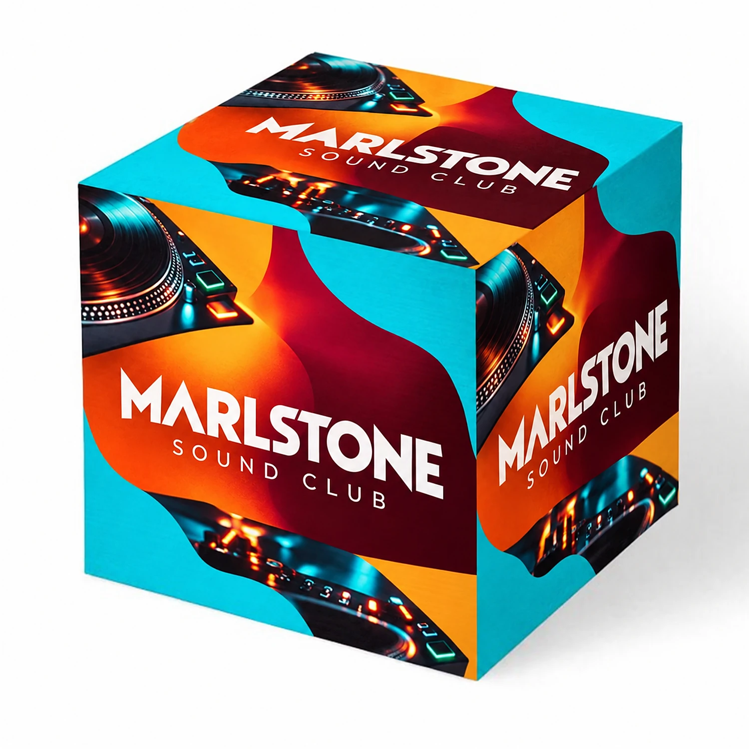 Custom Printed POS Display Cubes - Full Colour Print - 500mm x 500mm, shown with example artwork