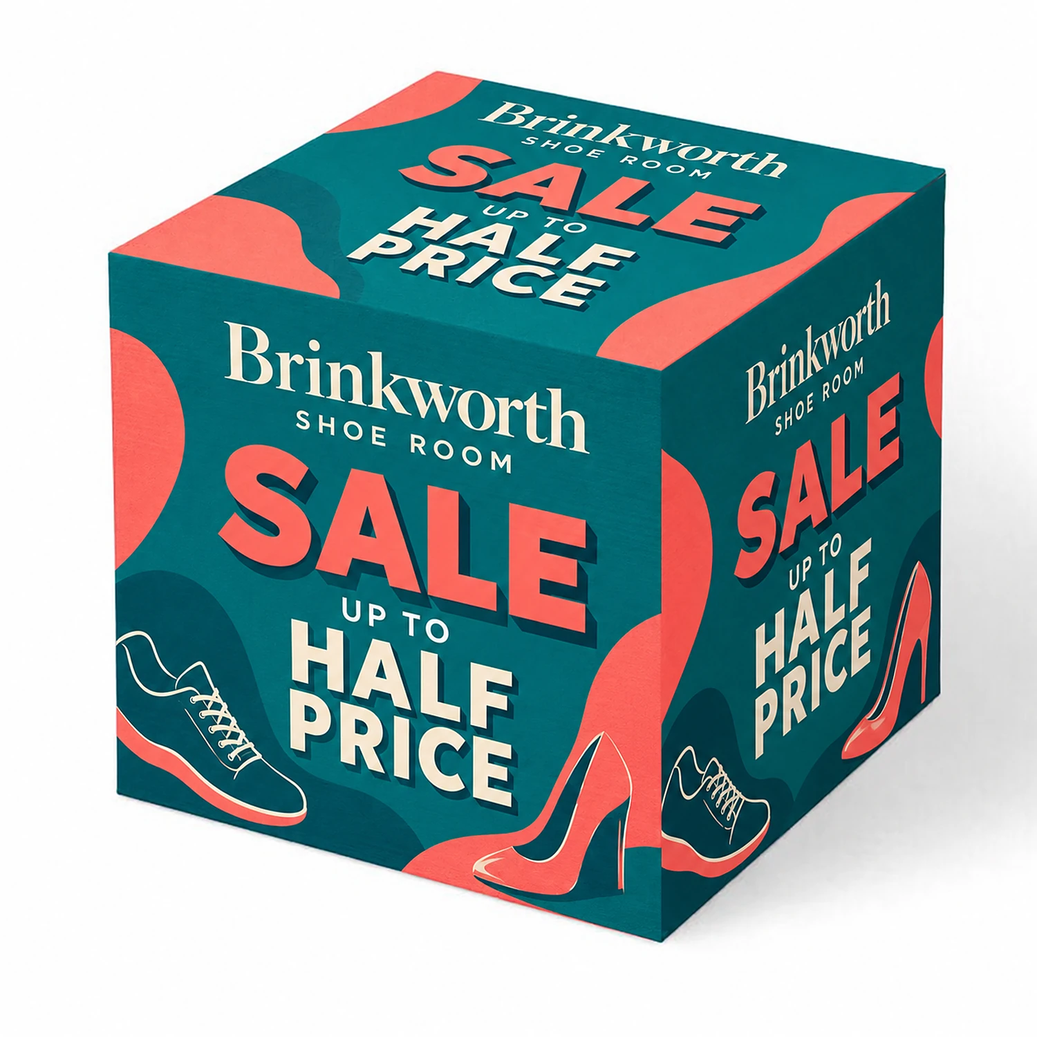 Custom Printed POS Display Cubes - Full Colour Print - 500mm x 500mm, shown with example artwork