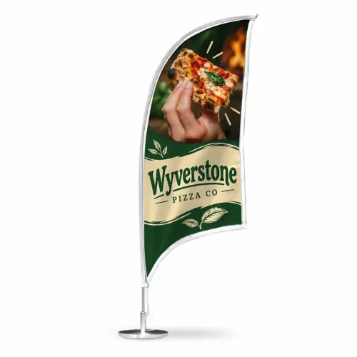 Desktop Flag and Pole Kit - Teardrop Shaped - Single-Sided Print, shown with example artwork