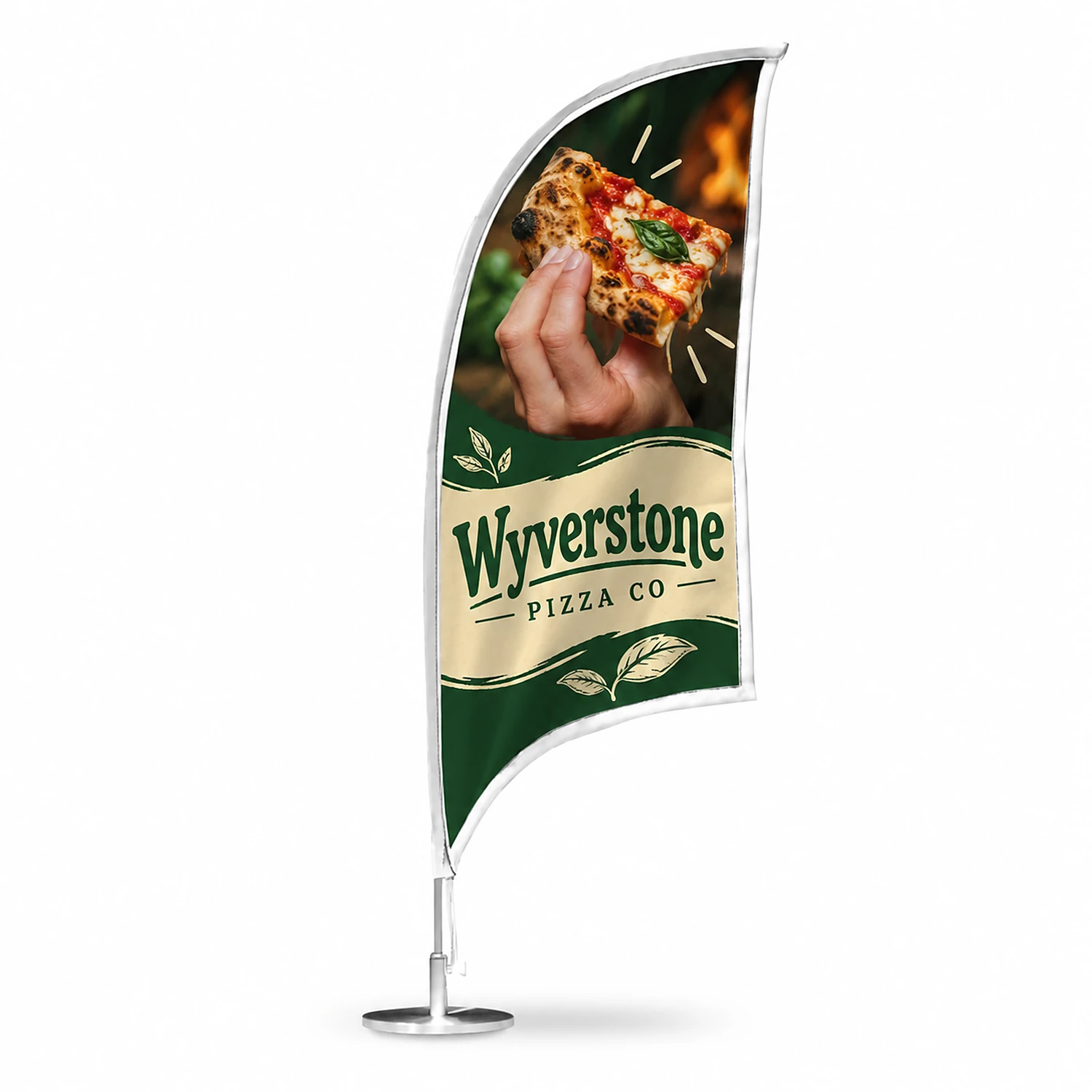 Desktop Flag and Pole Kit - Teardrop Shaped - Single-Sided Print, shown with example artwork