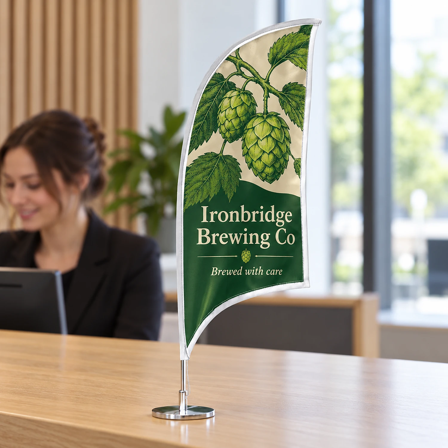 Desktop flag on an office reception desk