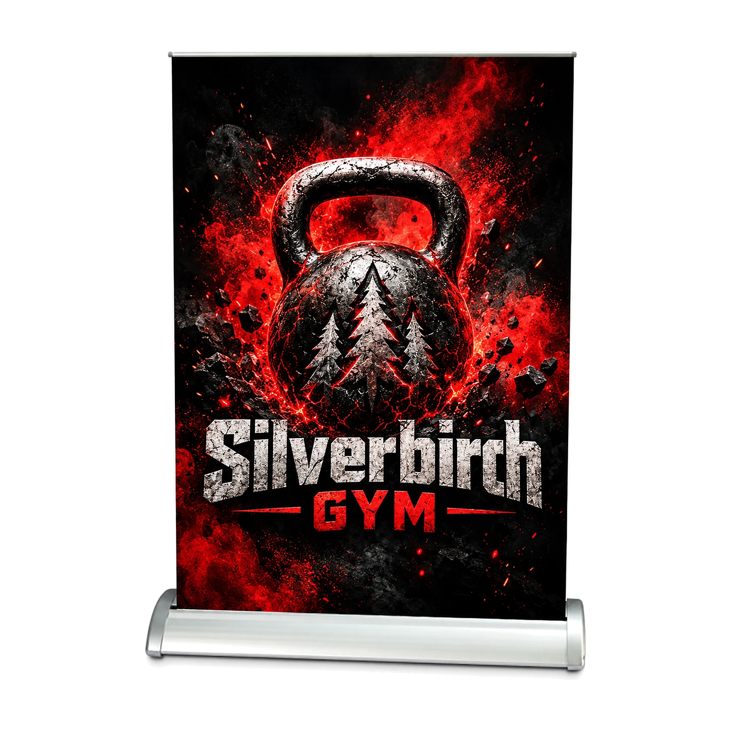 Desktop roller banner printed with an example design