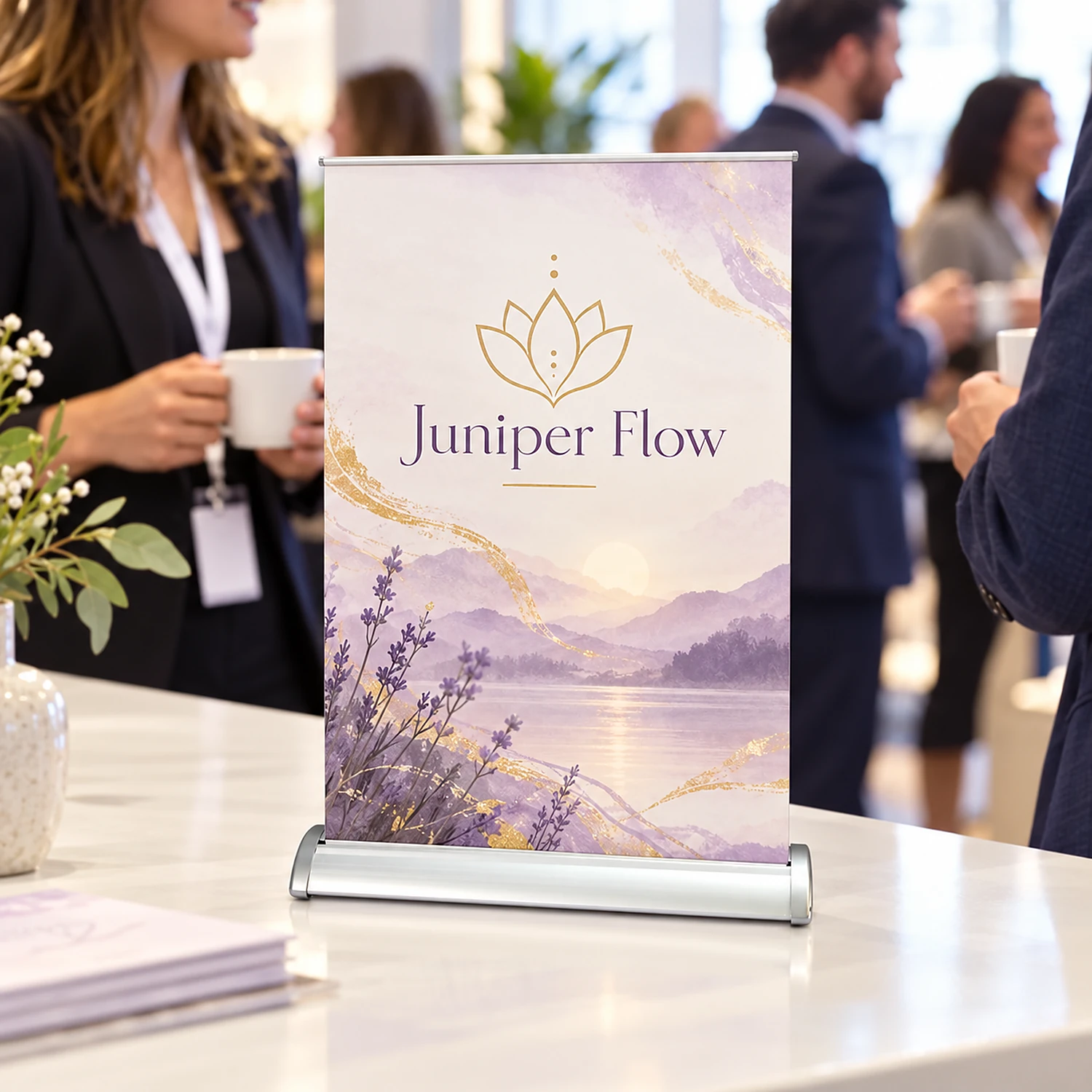 Desktop roller banner at a conference networking area