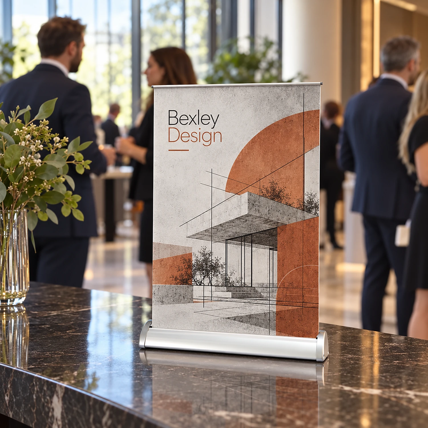 Desktop roller banner at a corporate event in a hotel foyer
