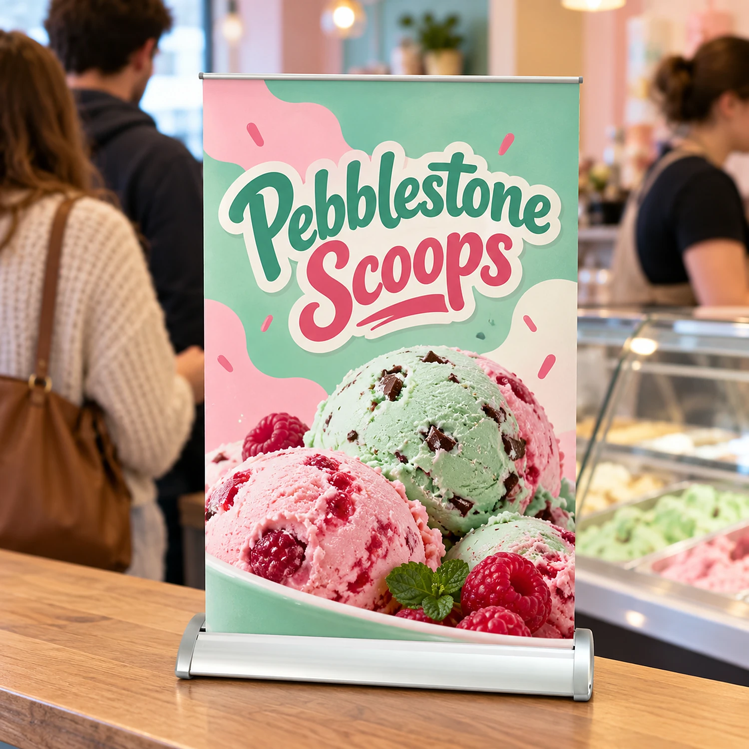 Desktop roller banner in a shop