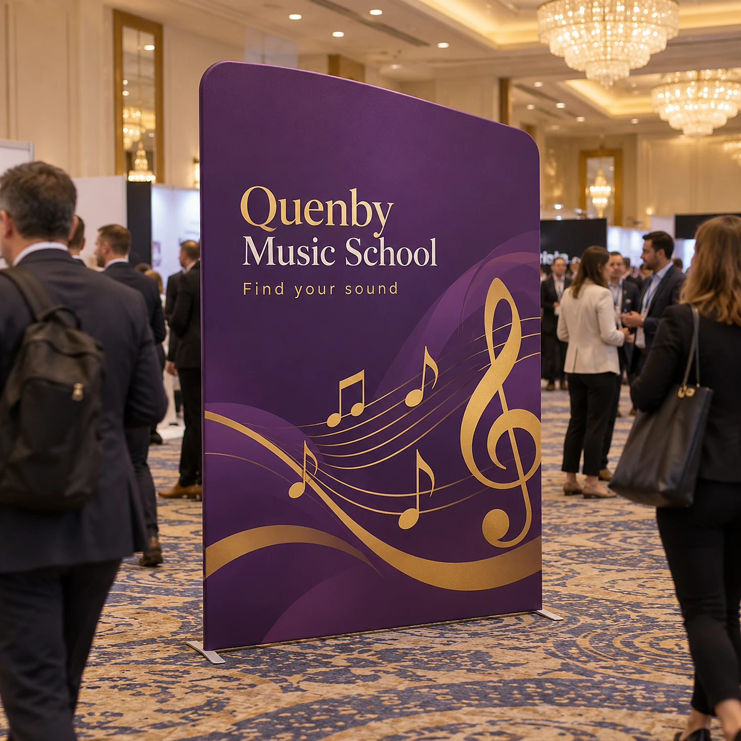 Display Wall A at a conference exhibition in a hotel ballroom, shown with an example design