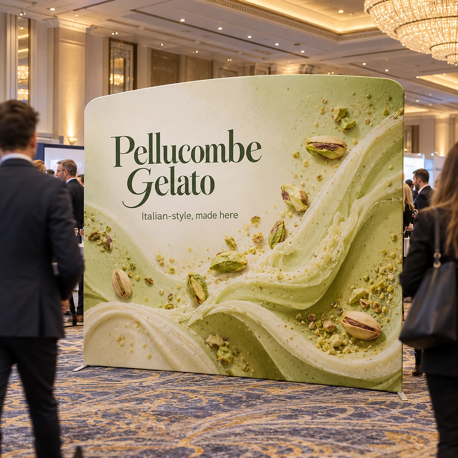 Display Wall B at a conference exhibition in a hotel ballroom, shown with an example design