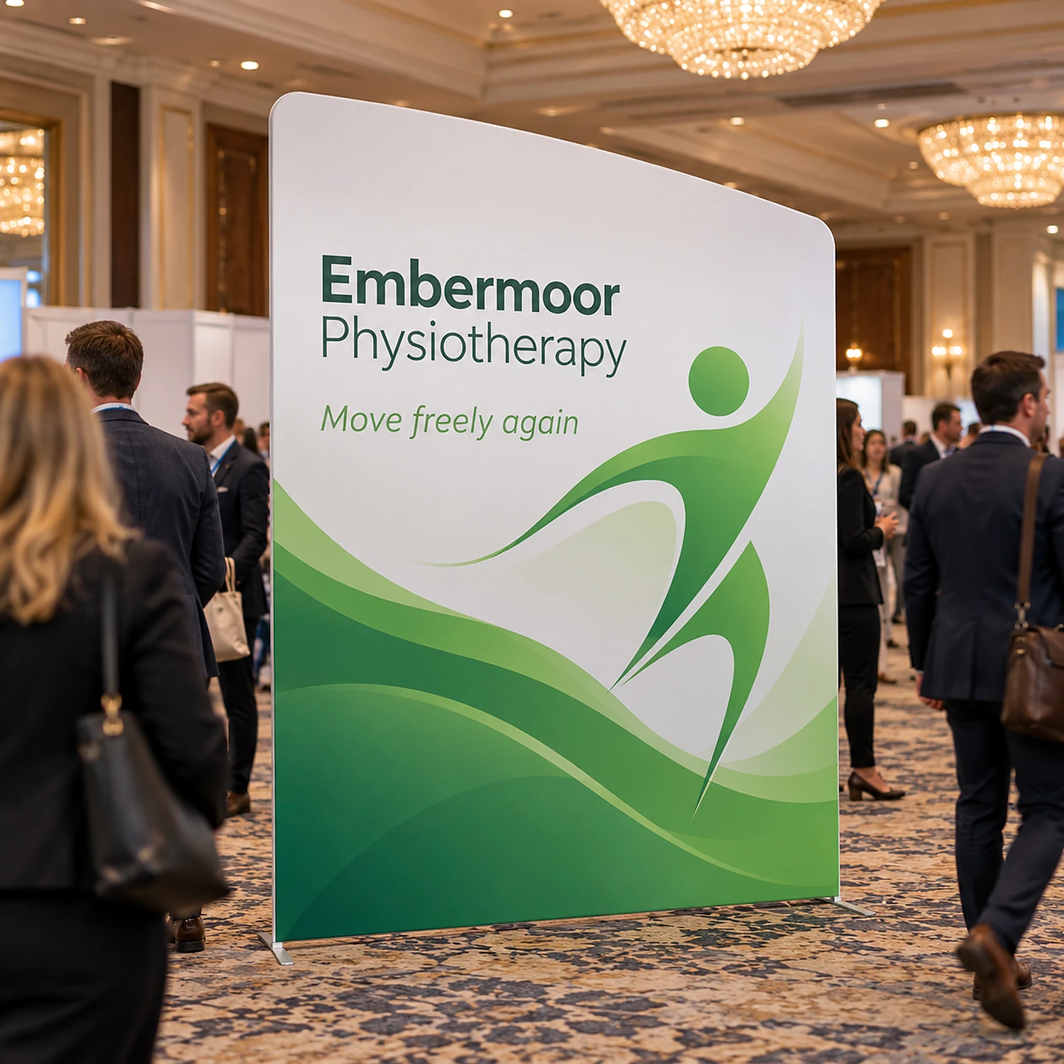 Display Wall C at a conference exhibition in a hotel ballroom, shown with an example design