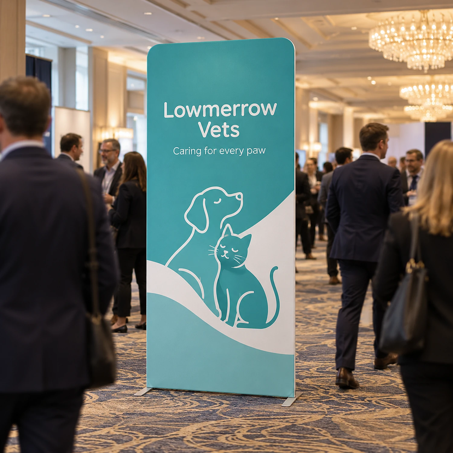 Display Wall D at a conference exhibition in a hotel ballroom, shown with an example design