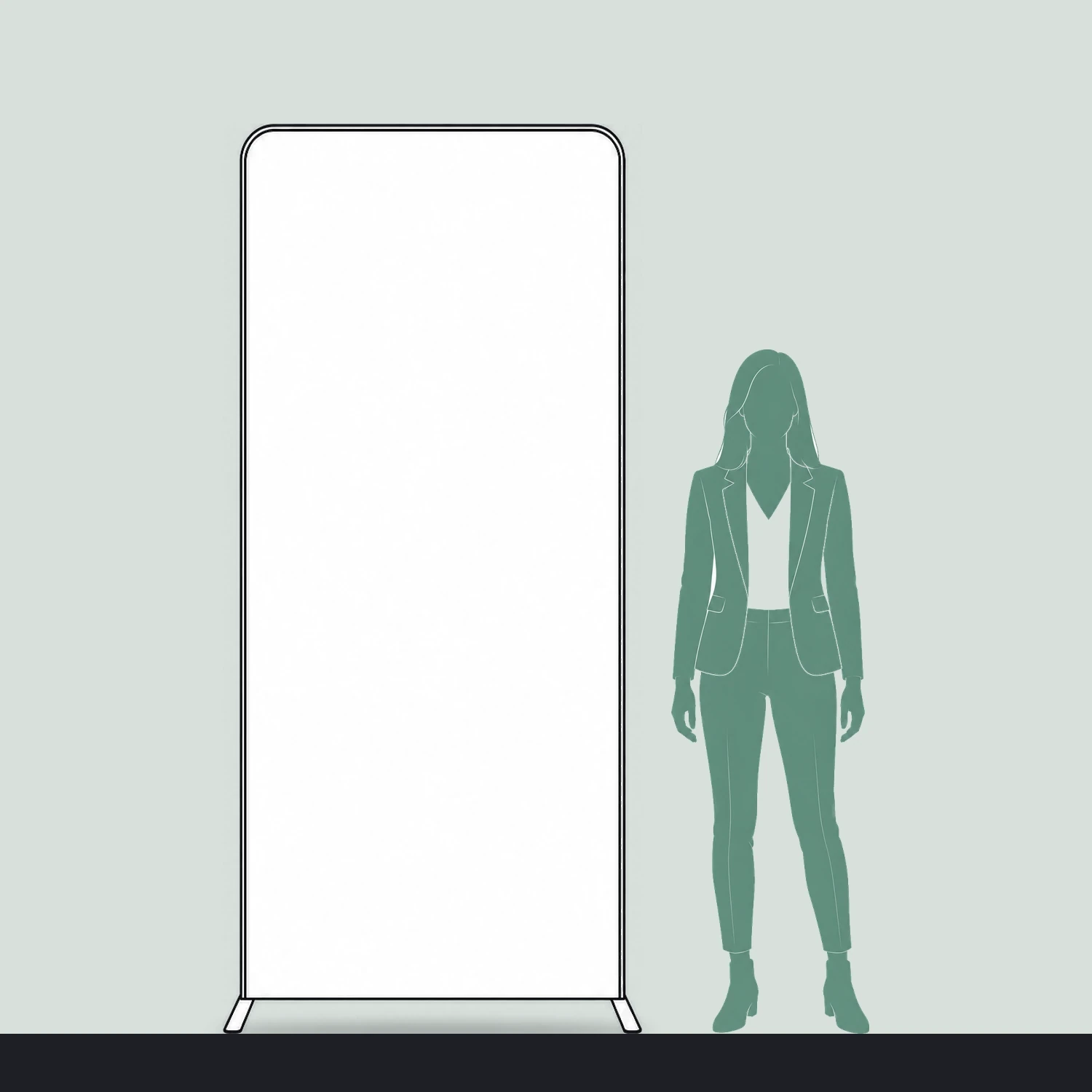 Line drawing of the Display Wall D shown to scale next to a 1.7m person