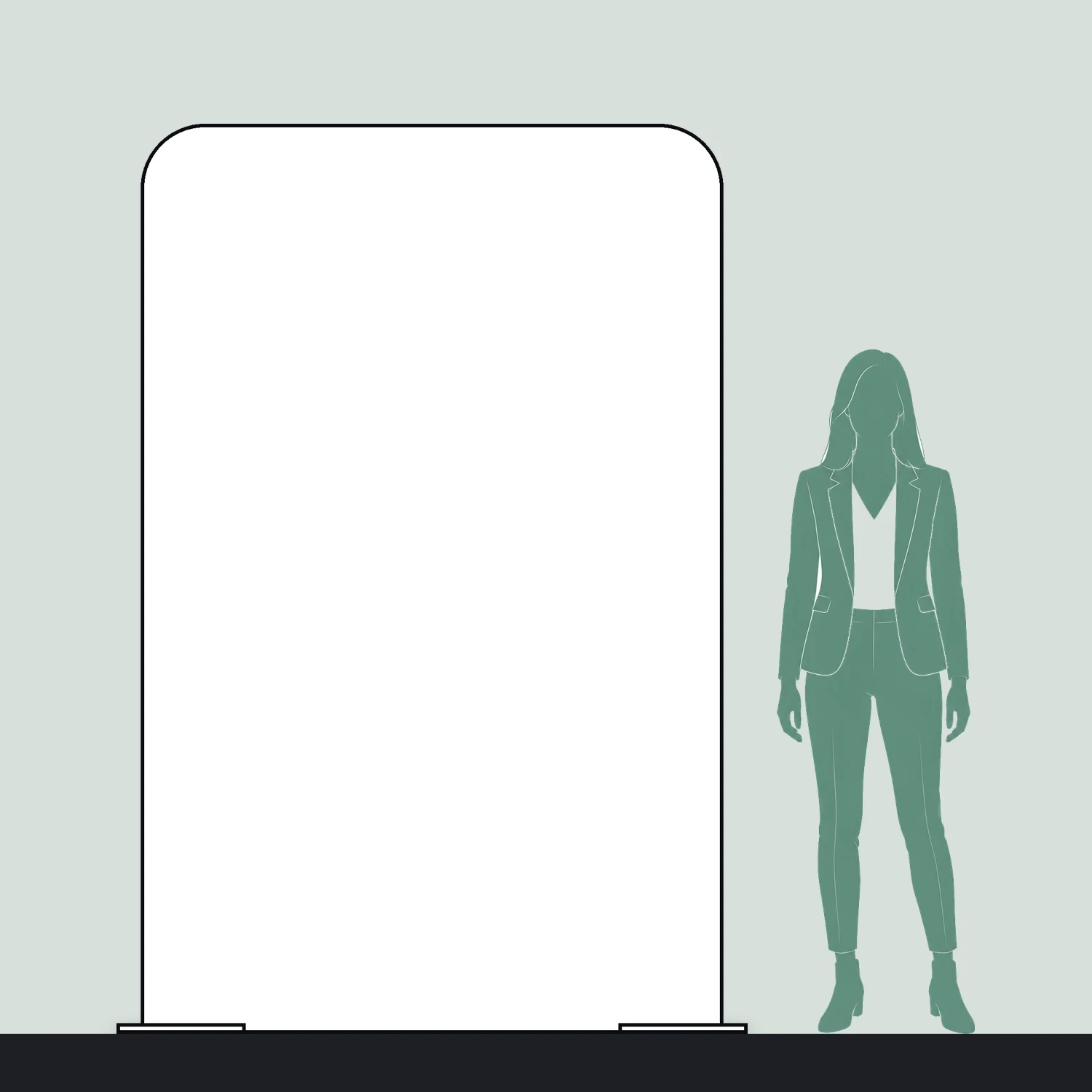 Line drawing of Display Wall E (1448mm x 2260mm) shown to scale next to a 1.7m person