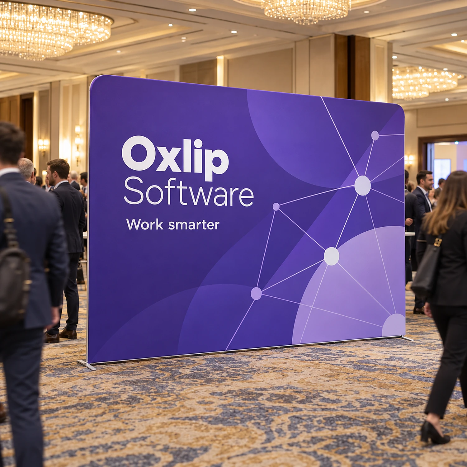 Display Wall F at a conference exhibition in a hotel ballroom, shown with an example design