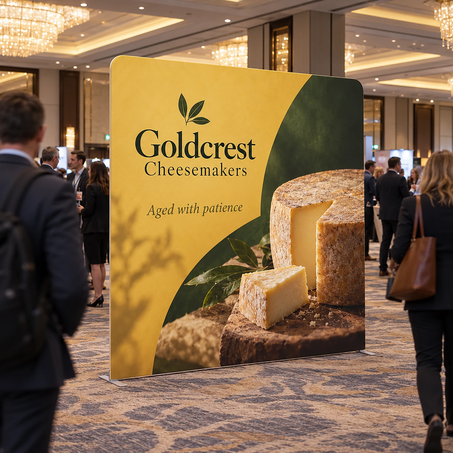 Display Wall G at a conference exhibition in a hotel ballroom, shown with an example design