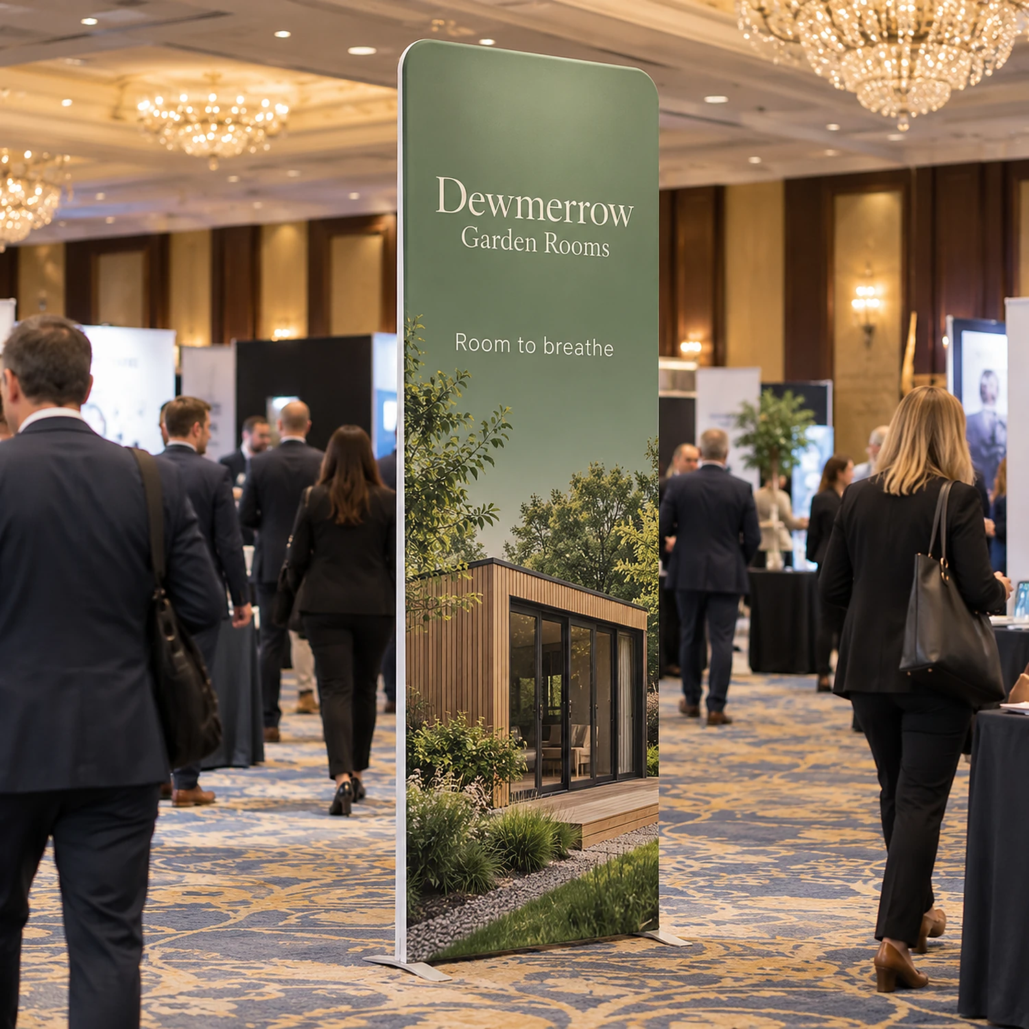 Display Wall H at a conference exhibition in a hotel ballroom, shown with an example design