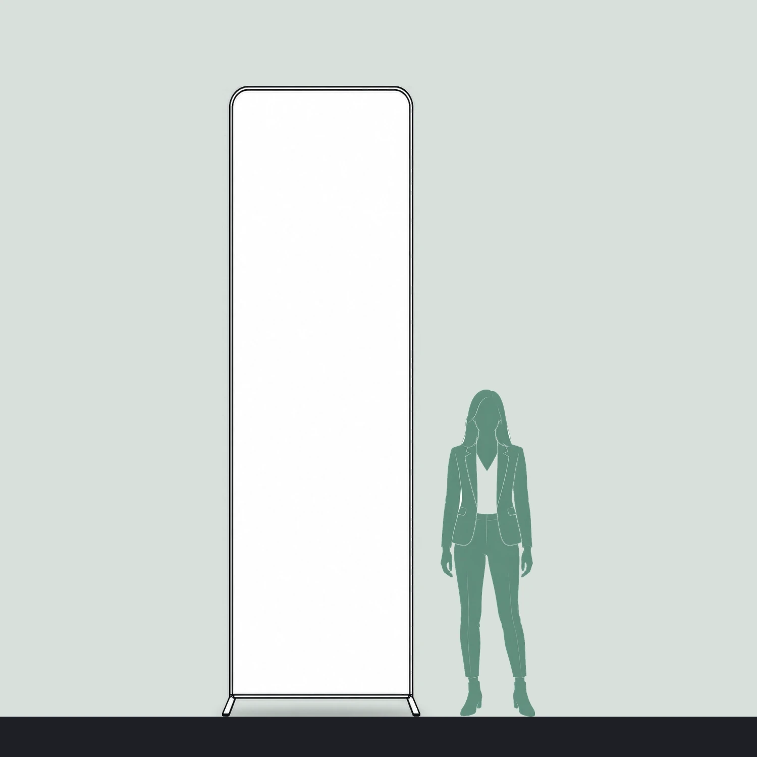 Line drawing of the Display Wall H shown to scale next to a 1.7m person