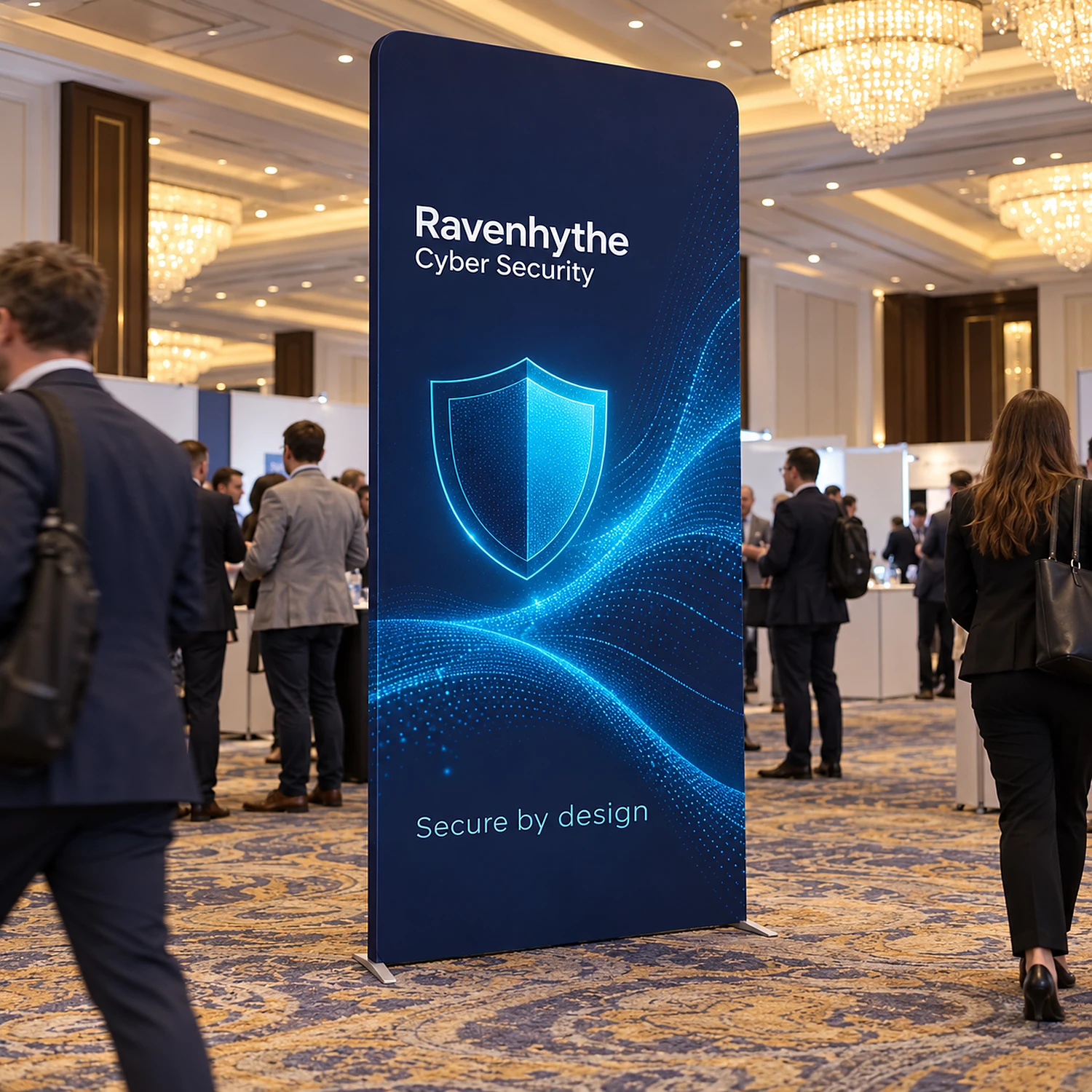 Display Wall I at a conference exhibition in a hotel ballroom, shown with an example design