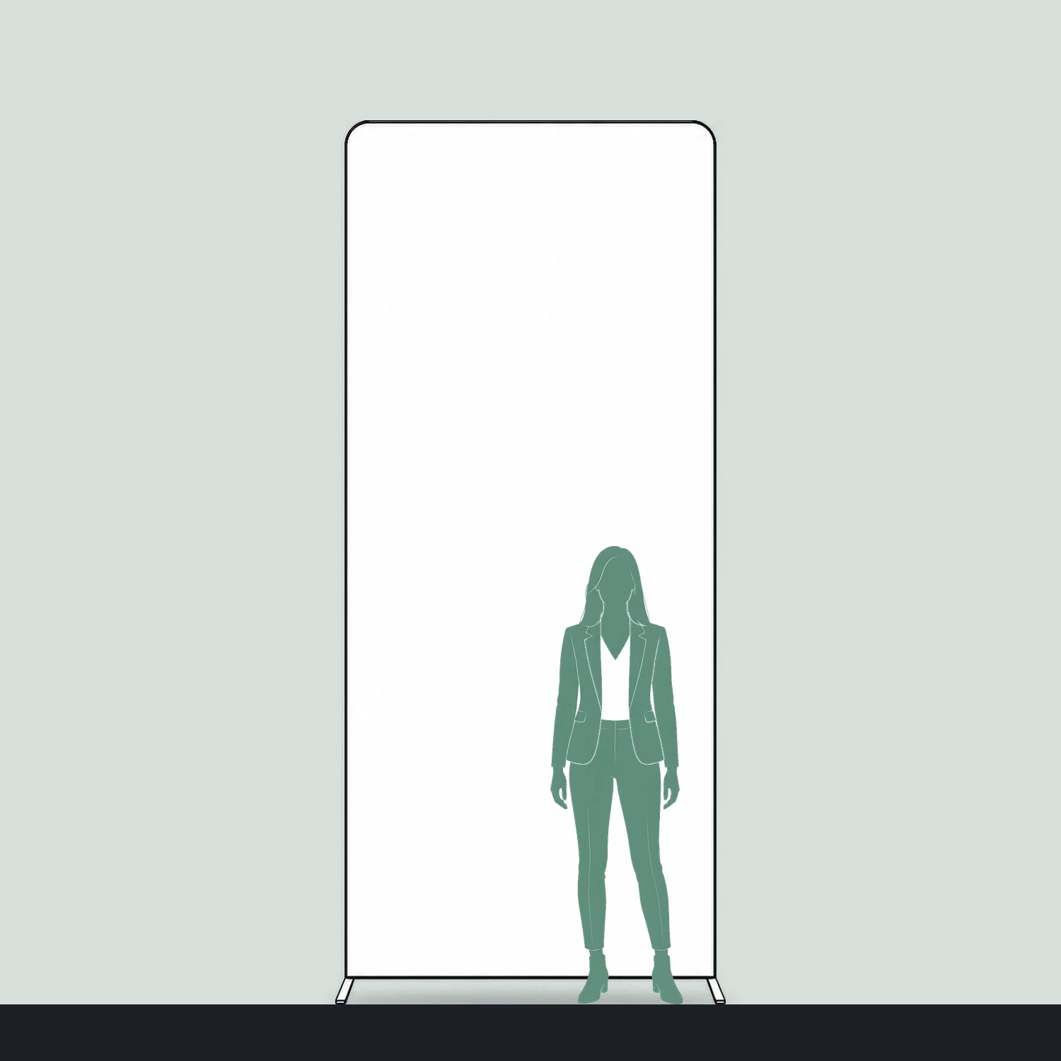 Line drawing of the Display Wall I shown to scale next to a 1.7m person