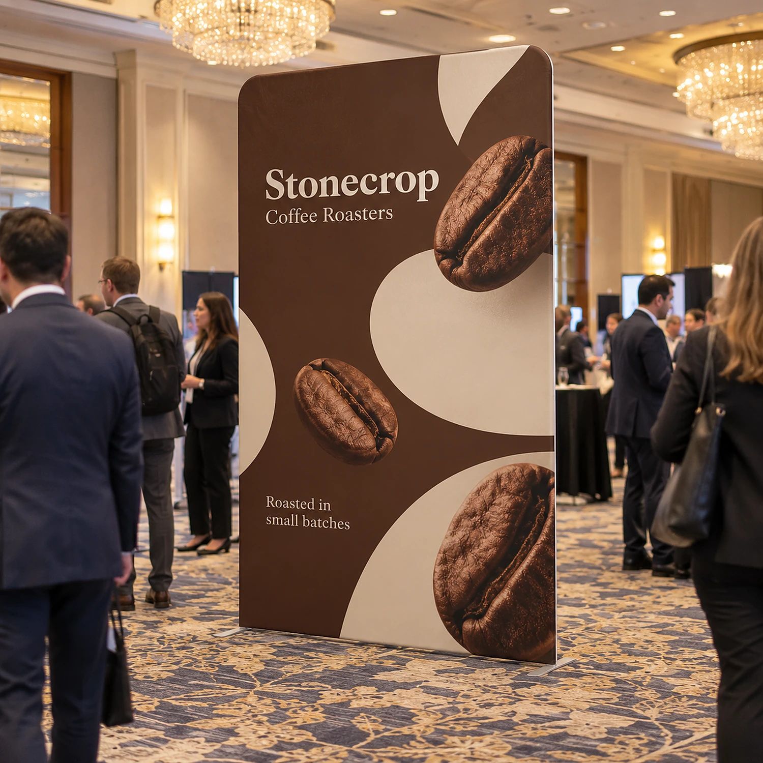 Display Wall L at a conference exhibition in a hotel ballroom, shown with an example design