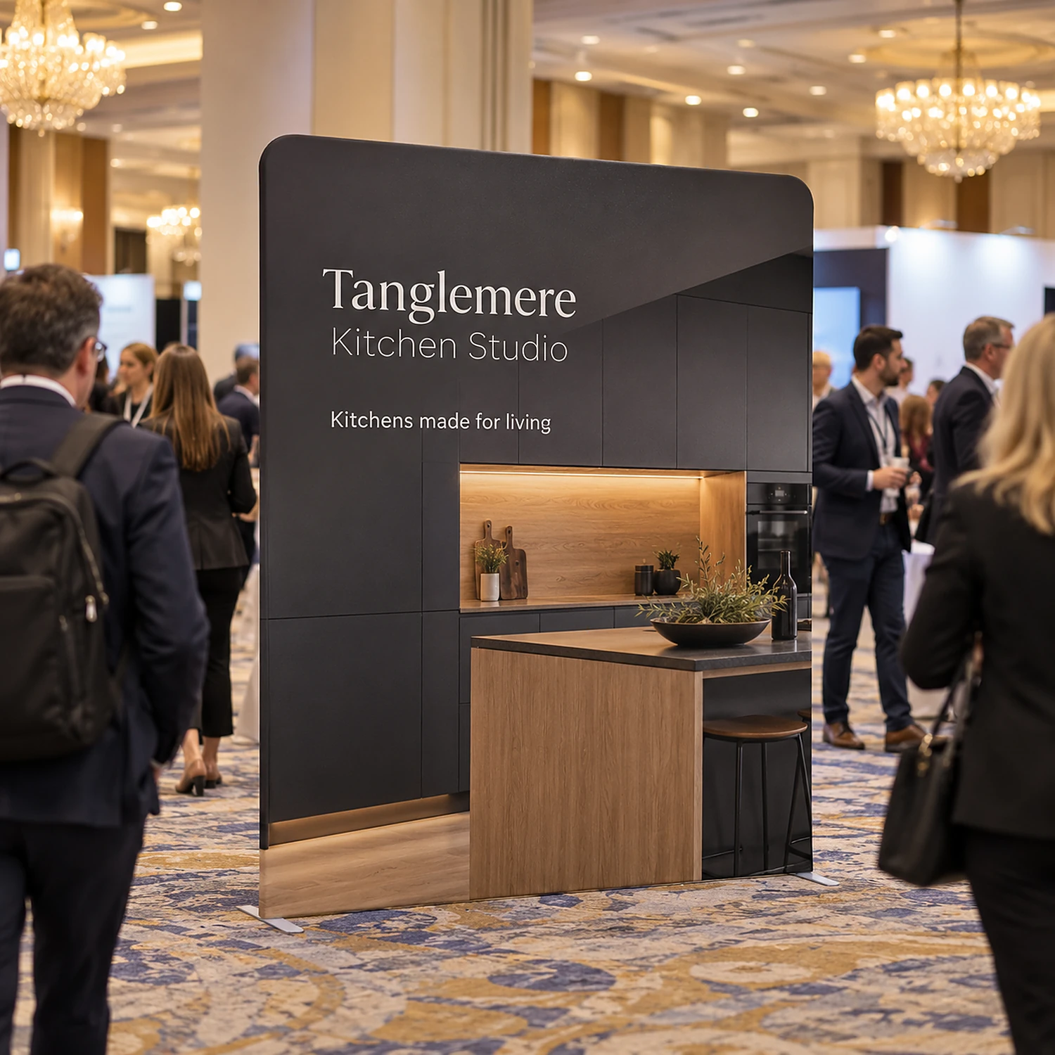 Display Wall M at a conference exhibition in a hotel ballroom, shown with an example design
