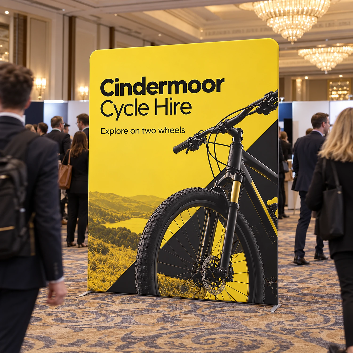 Display Wall N at a conference exhibition in a hotel ballroom, shown with an example design